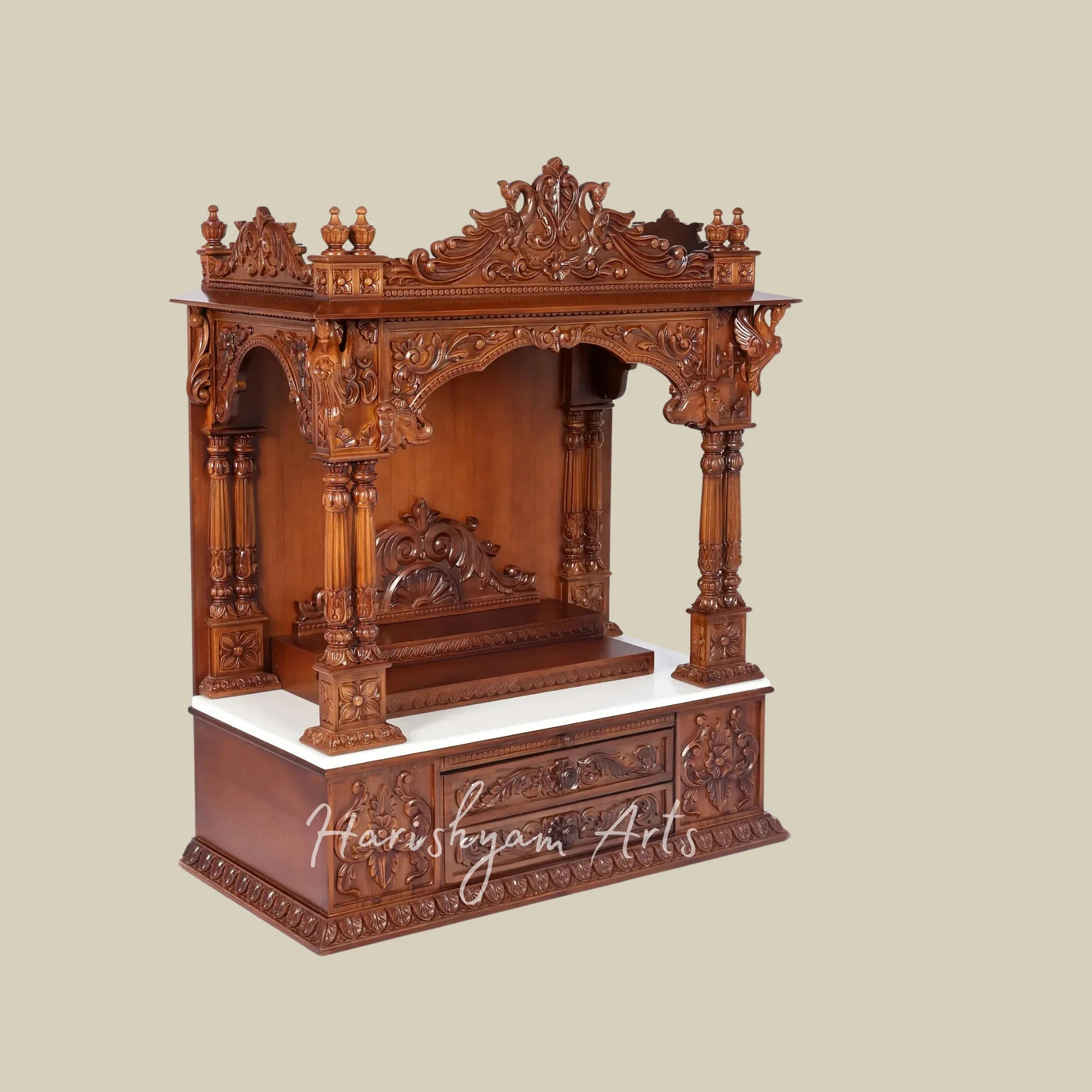 45" Teak Wooden Pooja Mandir with Ornate Carving and Double Drawers for Home Temple