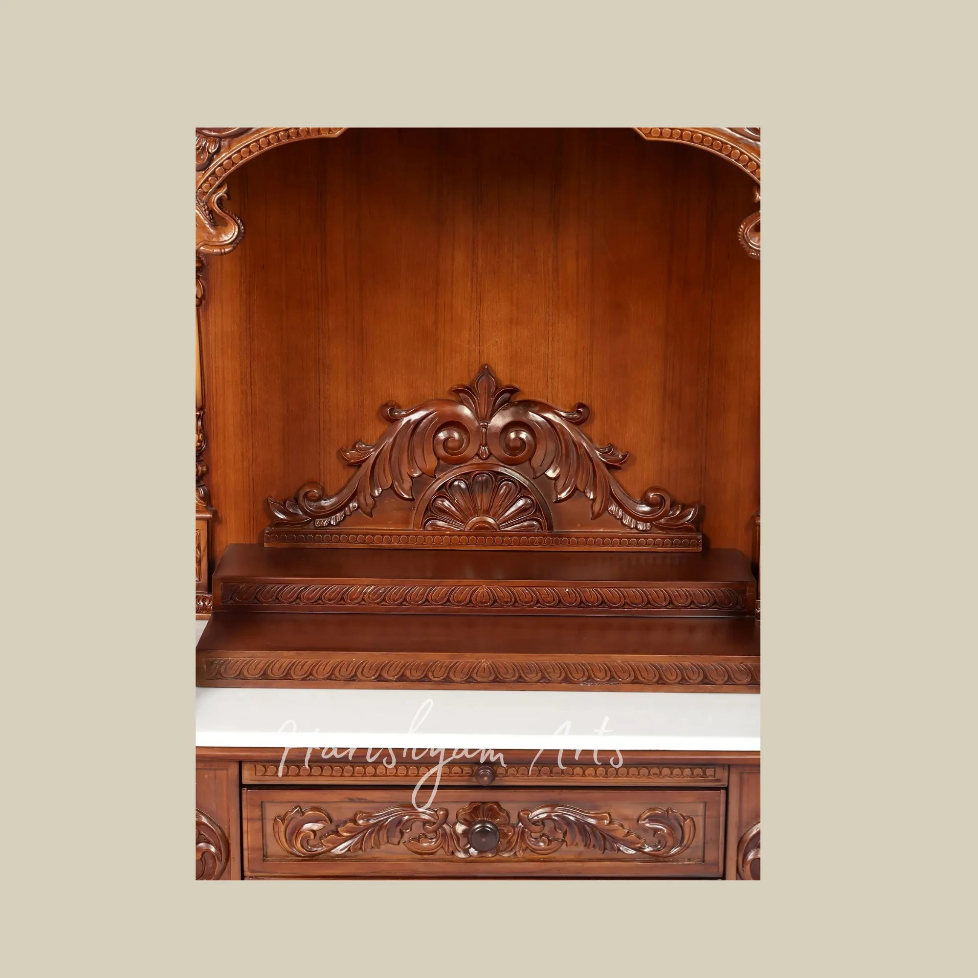 45" Teak Wooden Pooja Mandir with Ornate Carving and Double Drawers for Home Temple