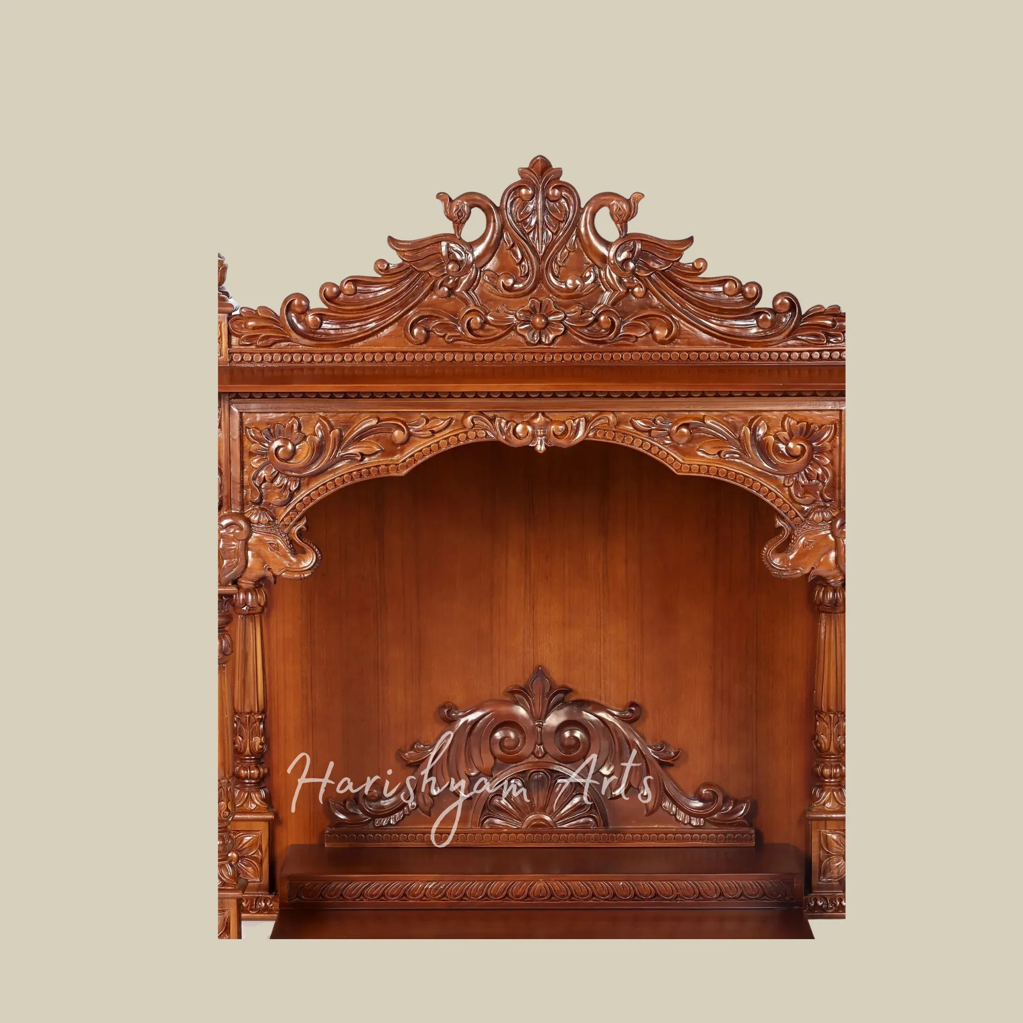45" Teak Wooden Pooja Mandir with Ornate Carving and Double Drawers for Home Temple