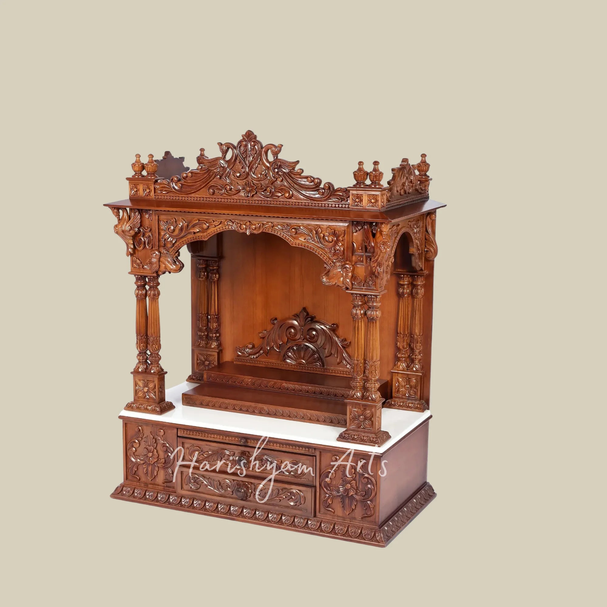 45" Teak Wooden Pooja Mandir with Ornate Carving and Double Drawers for Home Temple