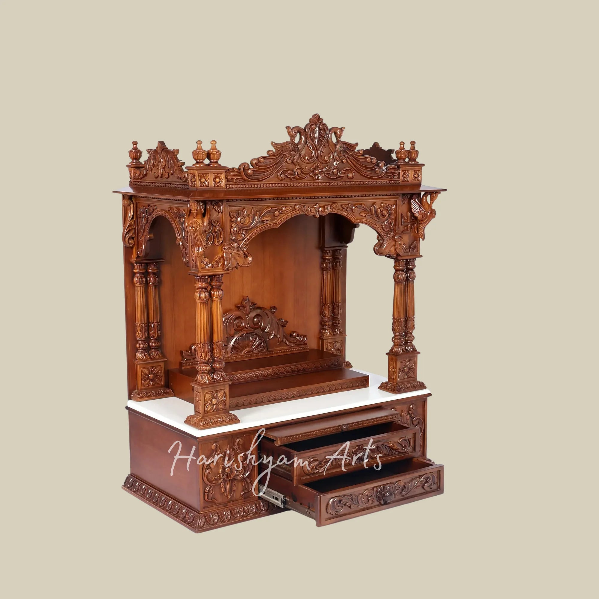 45" Teak Wooden Pooja Mandir with Ornate Carving and Double Drawers for Home Temple