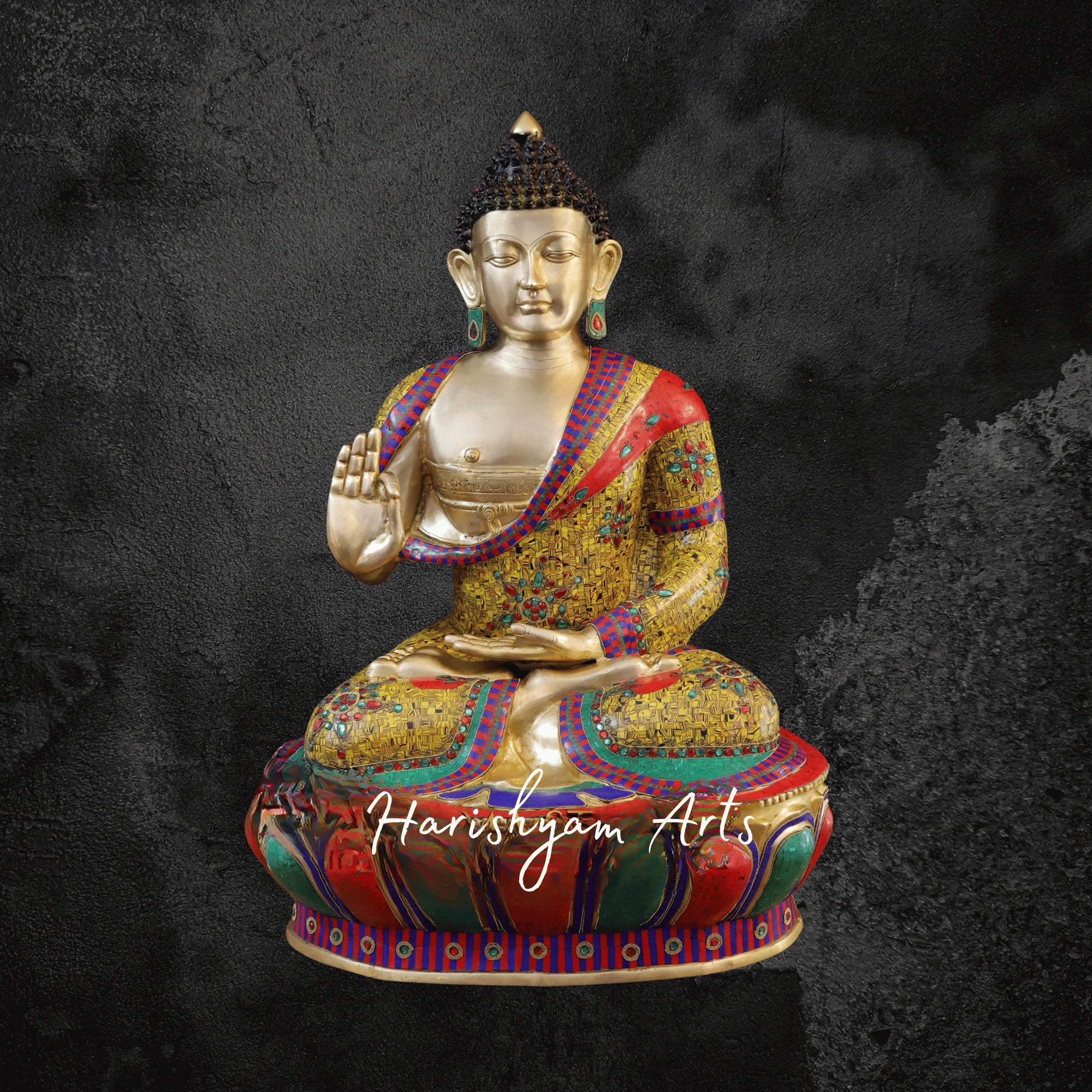 45" Vintage Brass Buddha Sculpture Seated in Blessing Posture with Tiger Eye Stonework