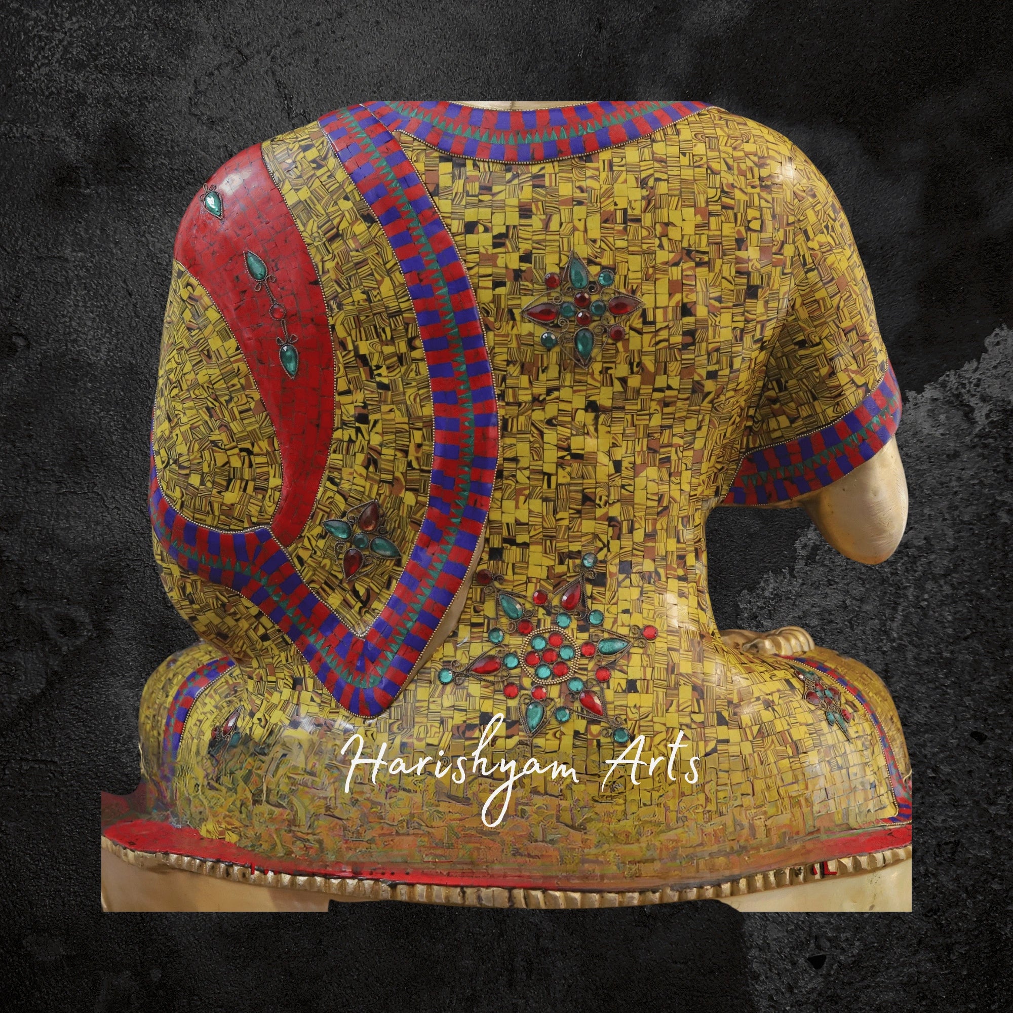 45" Vintage Brass Buddha Sculpture Seated in Blessing Posture with Tiger Eye Stonework