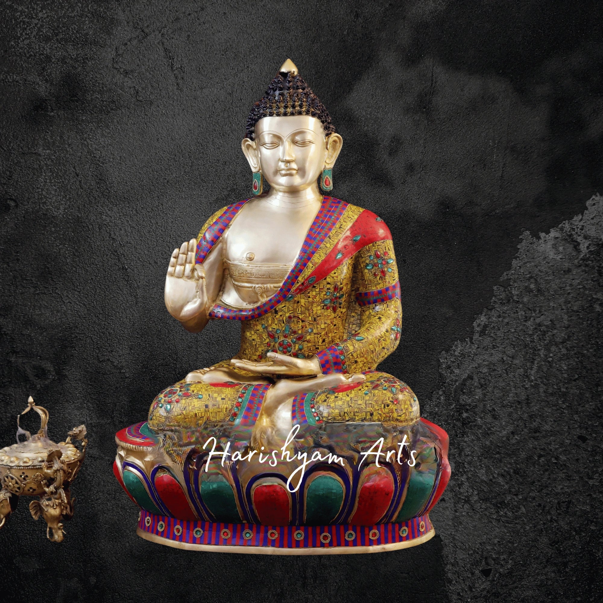 45" Vintage Brass Buddha Sculpture Seated in Blessing Posture with Tiger Eye Stonework