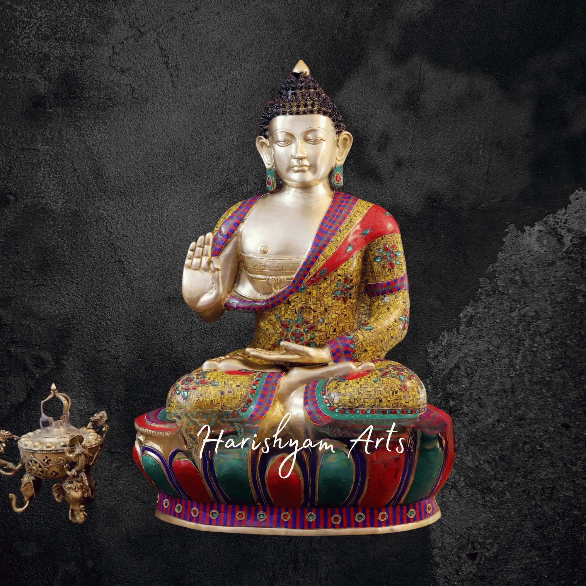 45" Vintage Brass Buddha Sculpture Seated in Blessing Posture with Tiger Eye Stonework