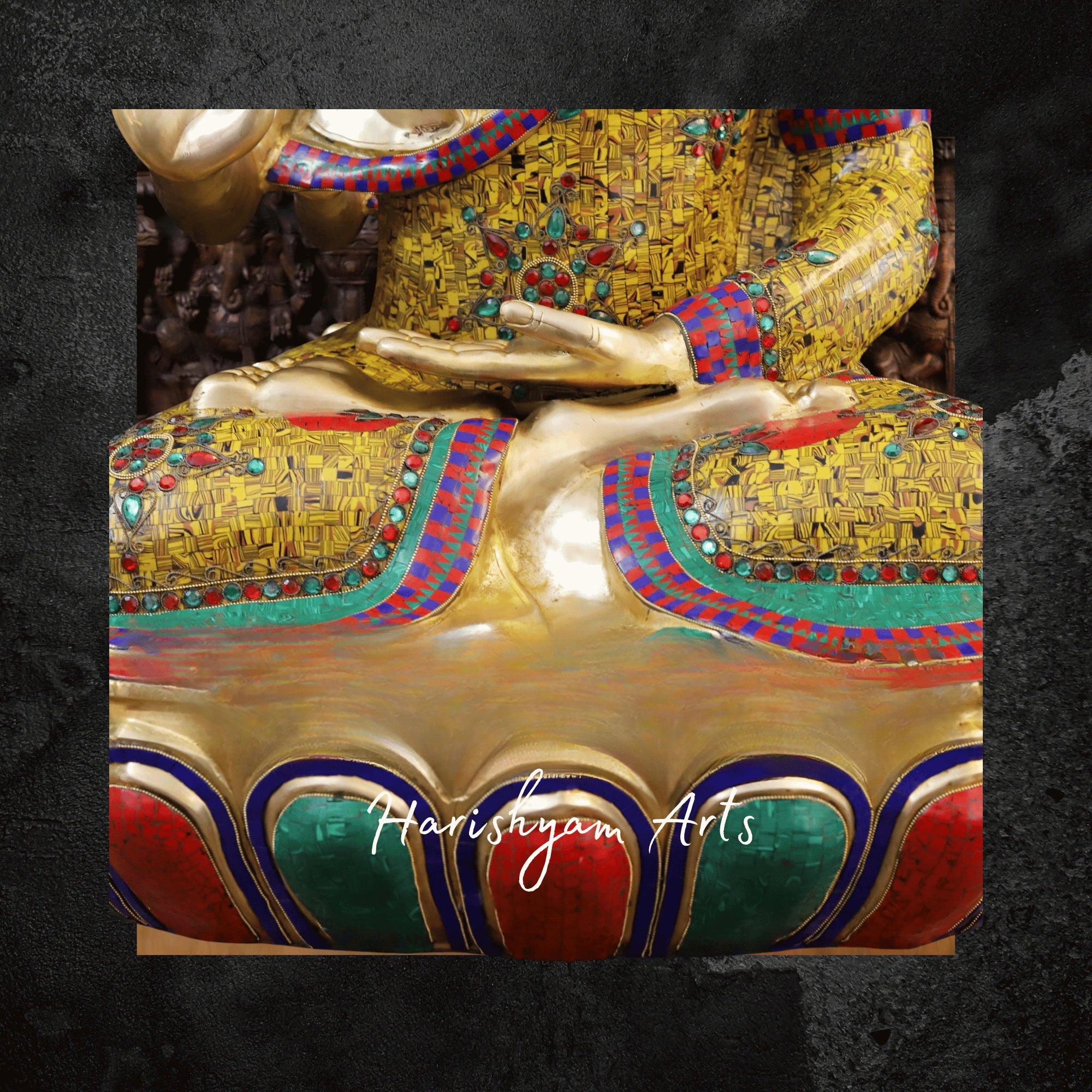 45" Vintage Brass Buddha Sculpture Seated in Blessing Posture with Tiger Eye Stonework