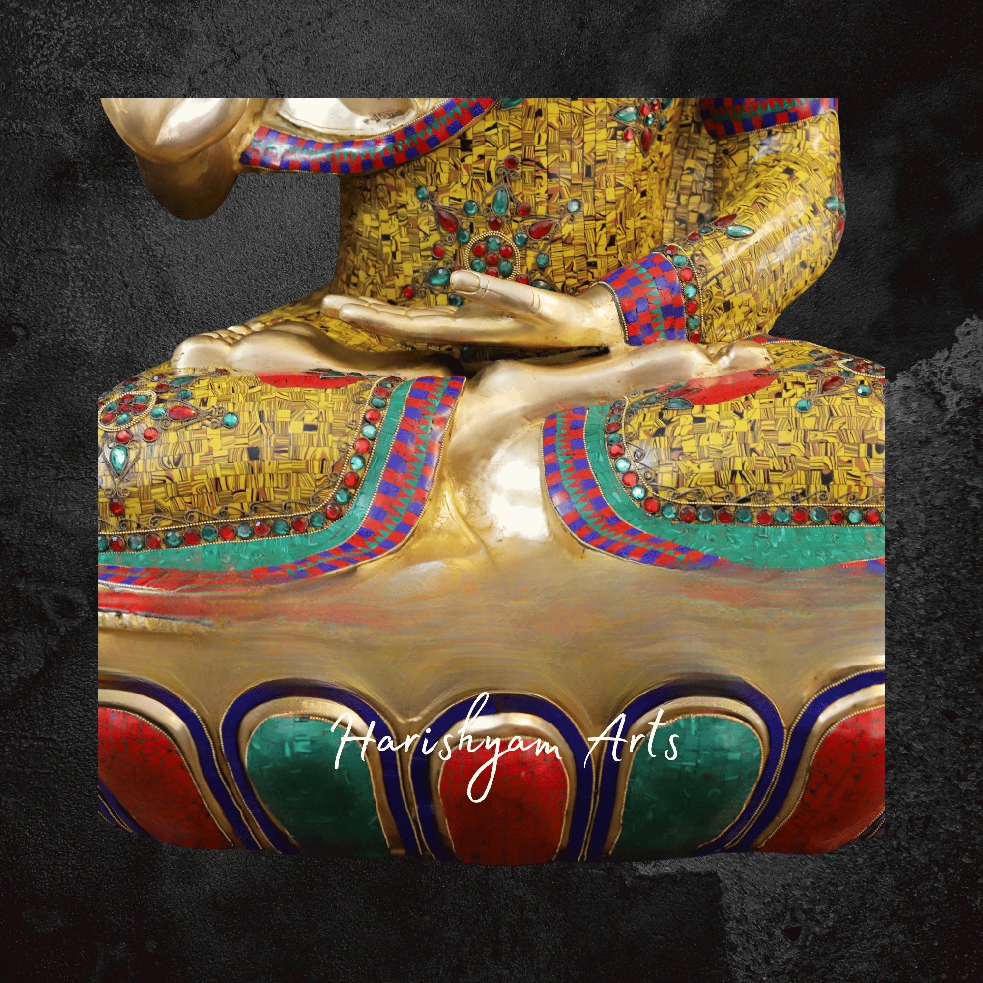 45" Vintage Brass Buddha Sculpture Seated in Blessing Posture with Tiger Eye Stonework