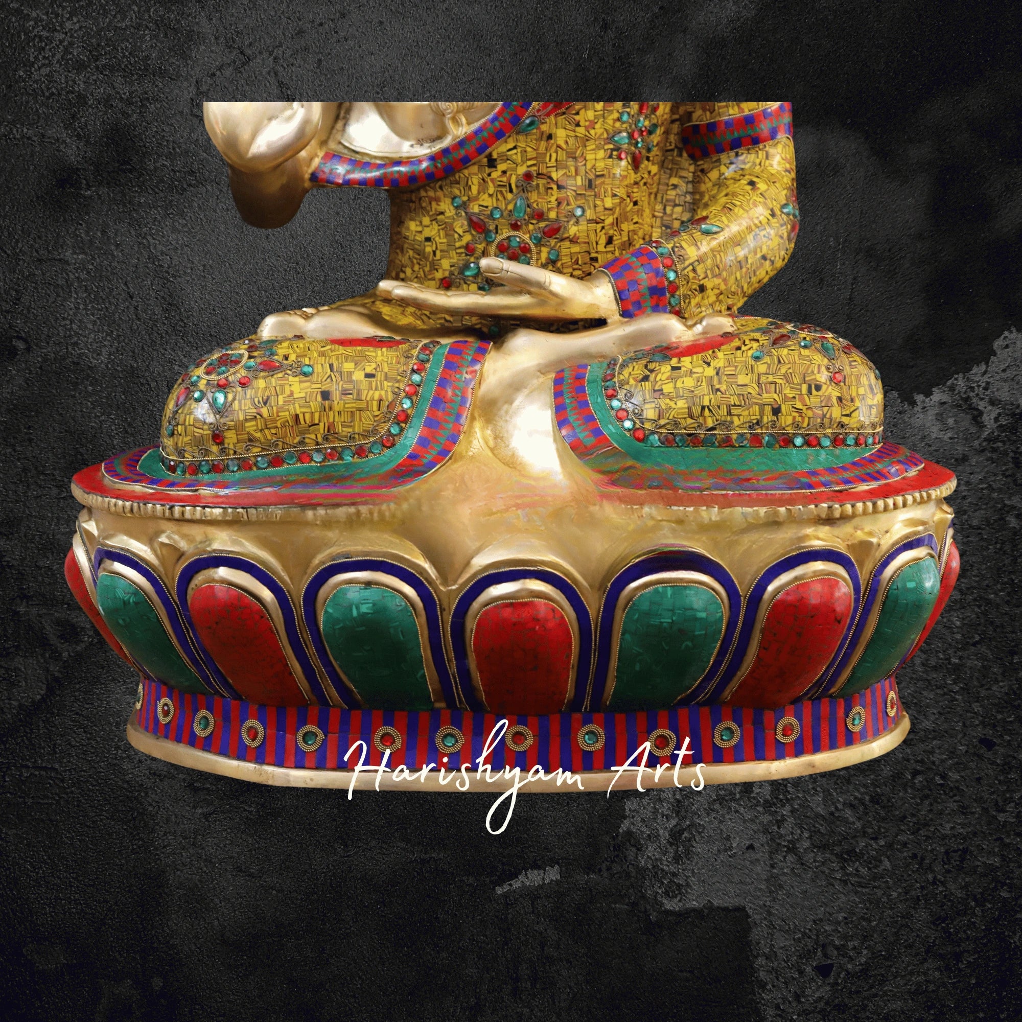 45" Vintage Brass Buddha Sculpture Seated in Blessing Posture with Tiger Eye Stonework