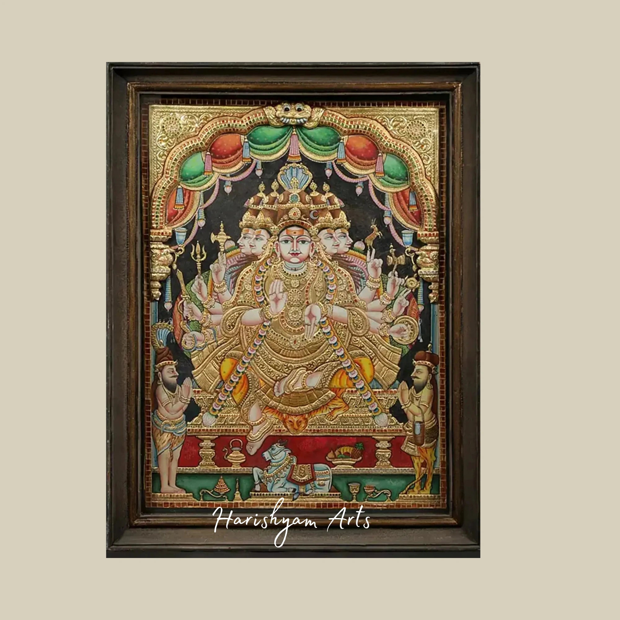 46" Sadashiva Tanjore Painting with Vintage Teakwood Frame and Traditional Finish