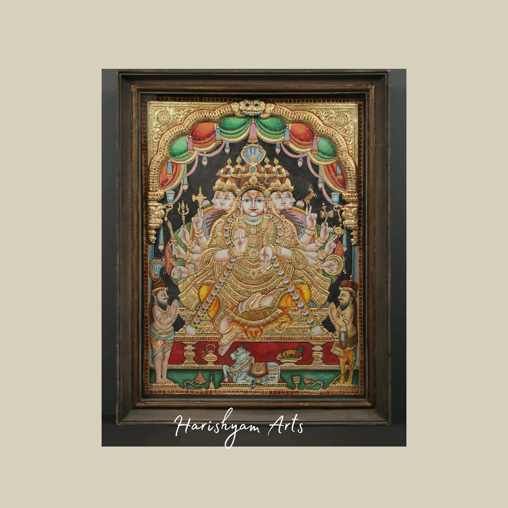 46" Sadashiva Tanjore Painting with Vintage Teakwood Frame and Traditional Finish