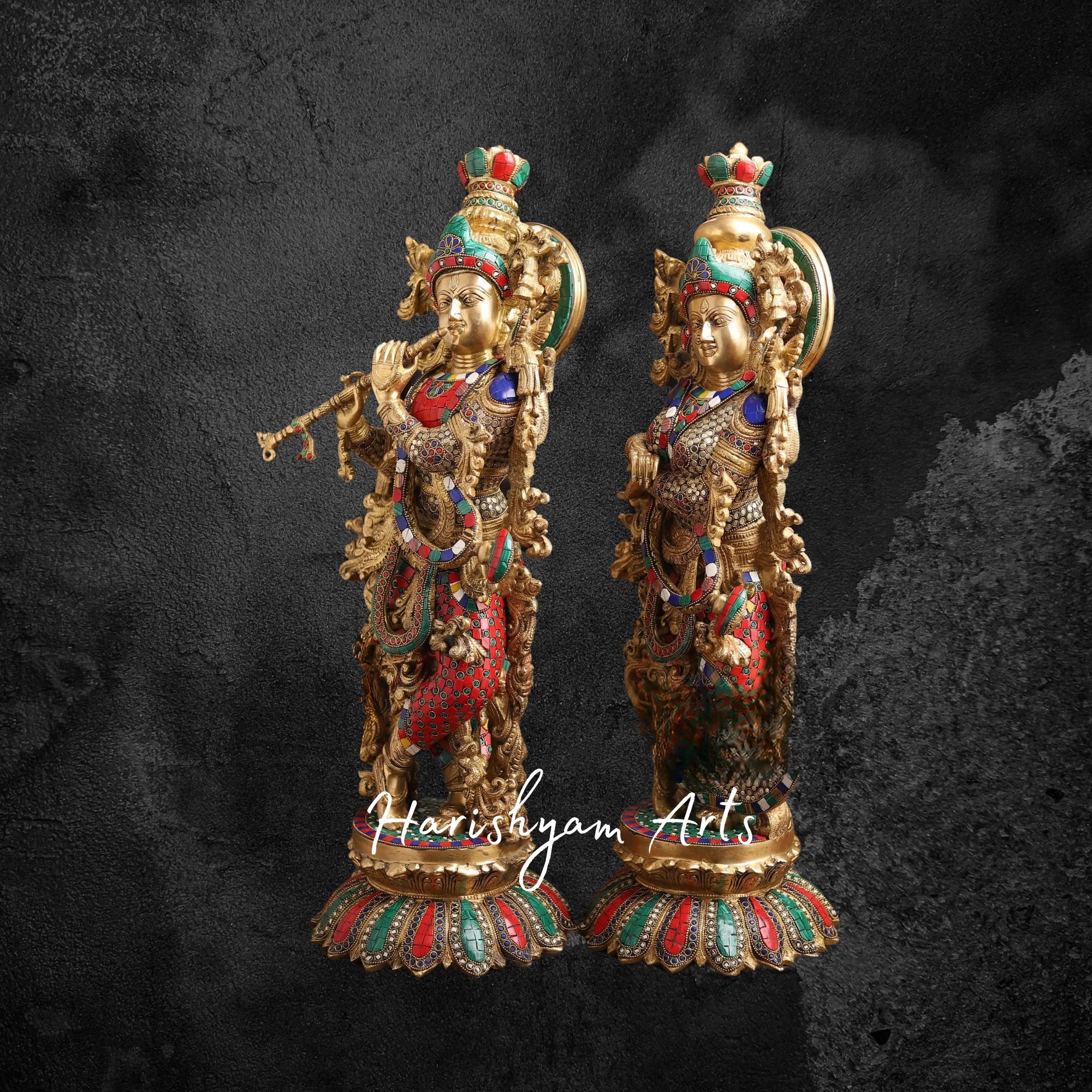 47" Majestic Brass Krishna Idol with Ornate Stone Work