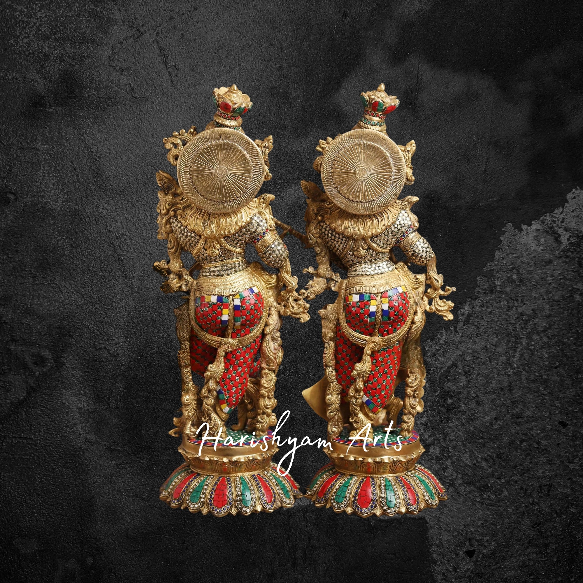 47" Majestic Brass Krishna Idol with Ornate Stone Work