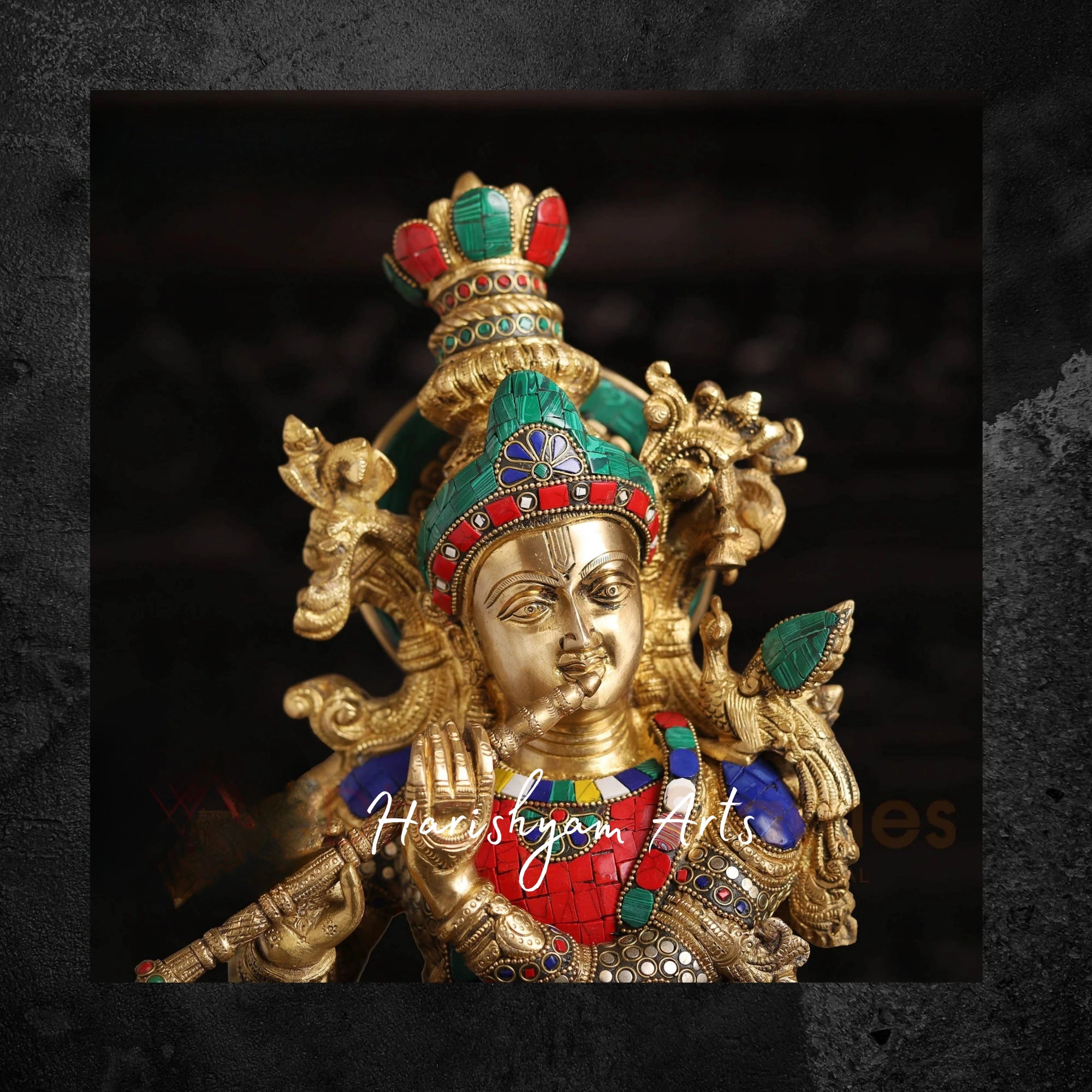 47" Majestic Brass Krishna Idol with Ornate Stone Work