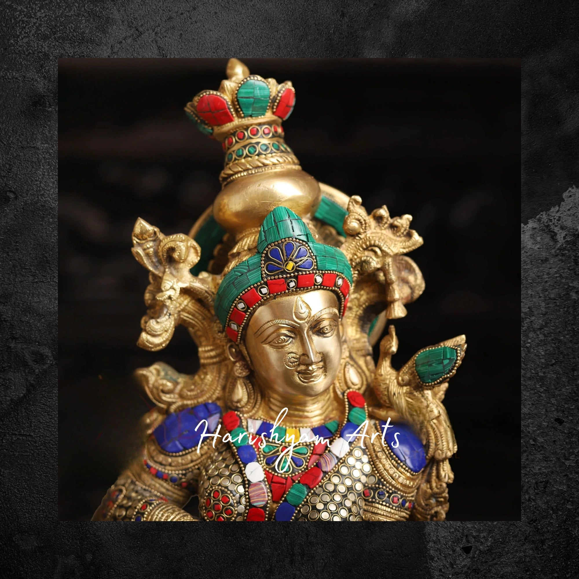 47" Majestic Brass Krishna Idol with Ornate Stone Work
