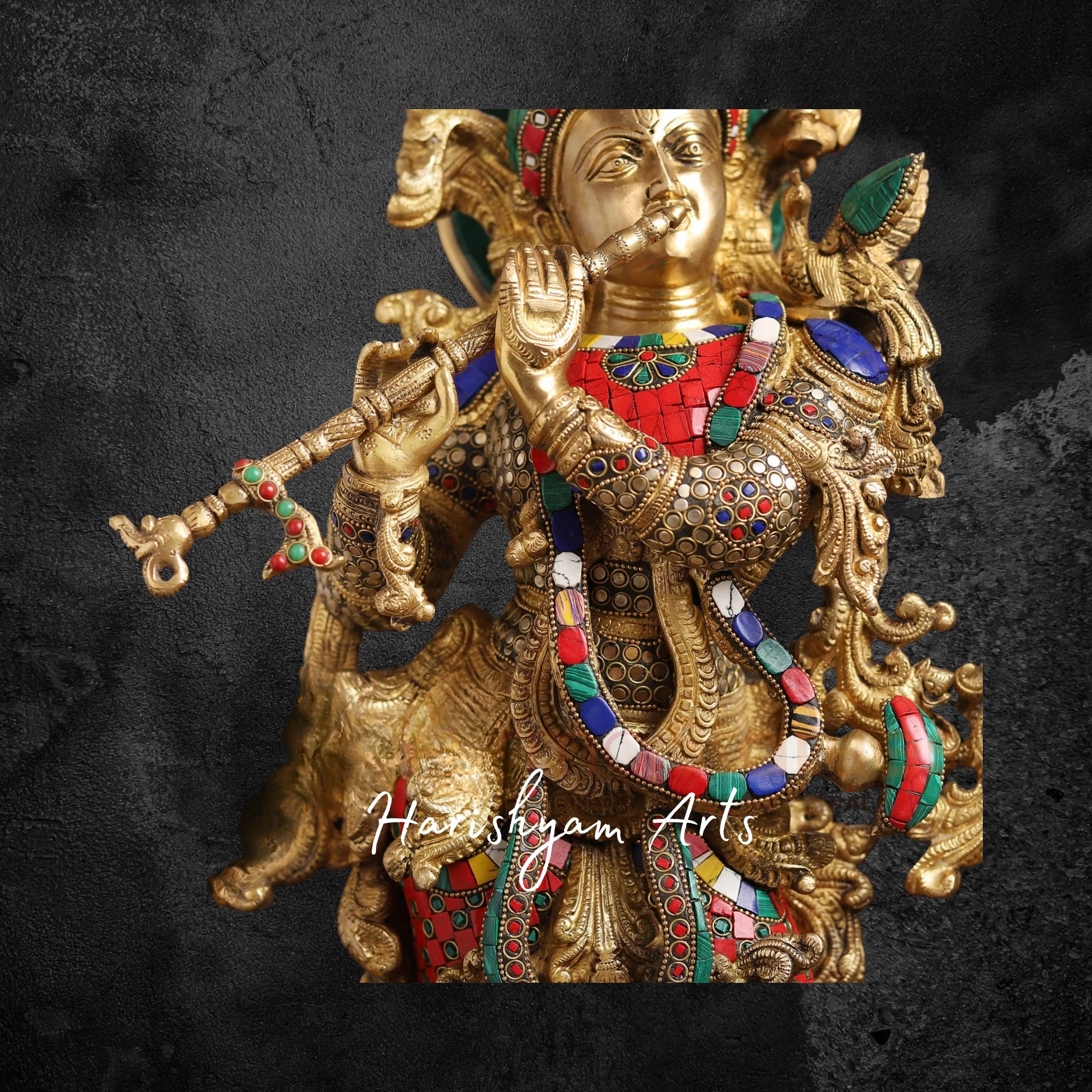 47" Majestic Brass Krishna Idol with Ornate Stone Work