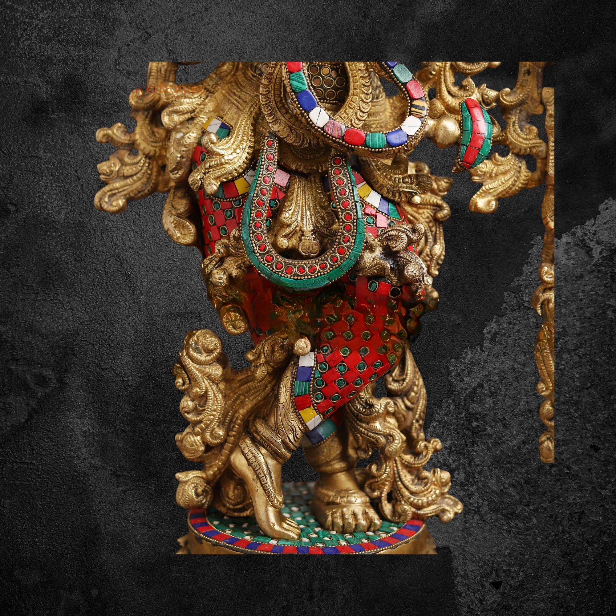 47" Majestic Brass Krishna Idol with Ornate Stone Work