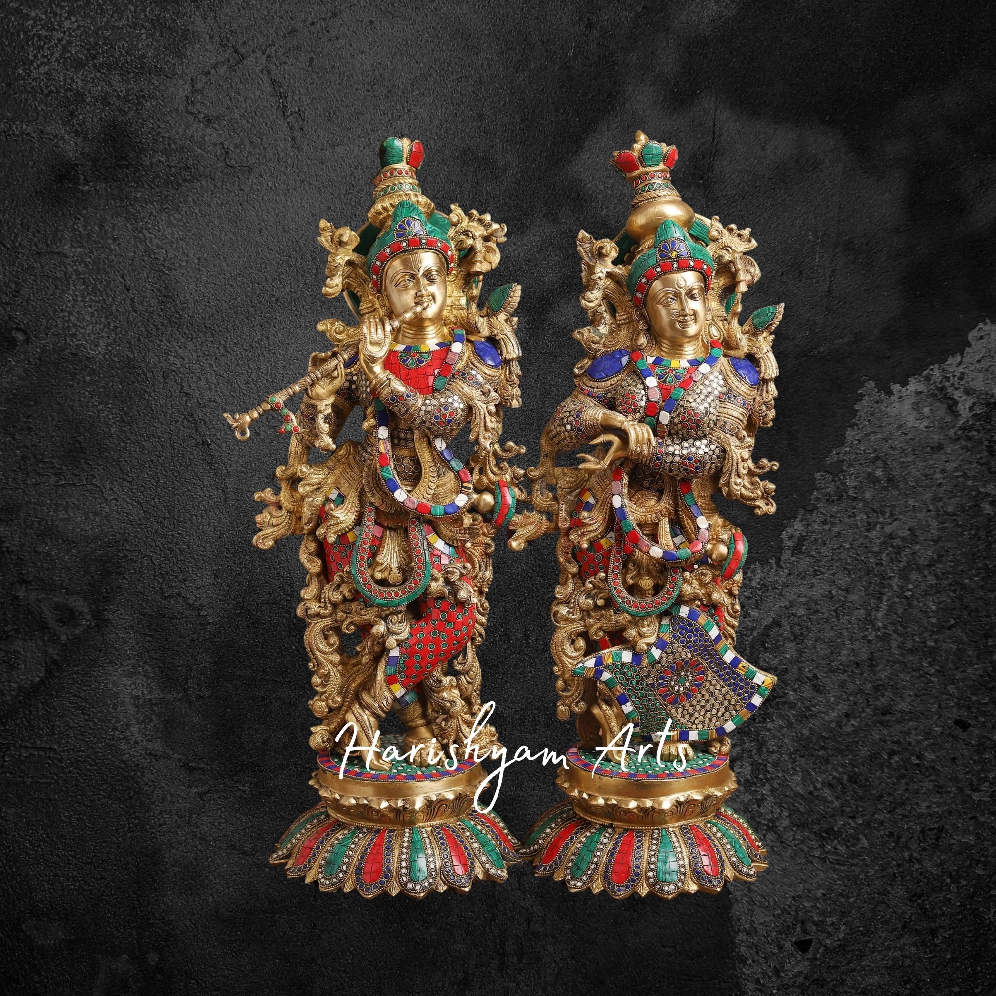 47" Majestic Brass Krishna Idol with Ornate Stone Work