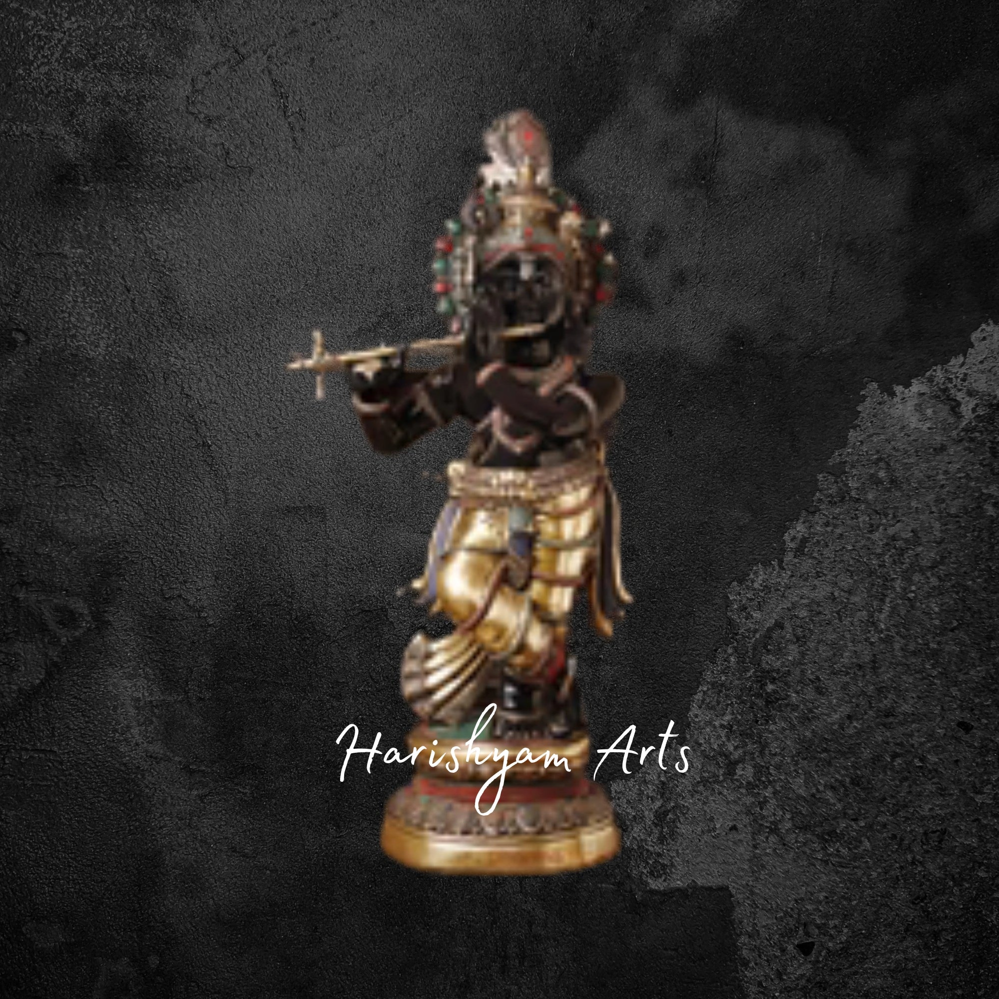 47" Ornate Brass Krishna Murti with Flute in Black and Gold Finish with Stone Inlay