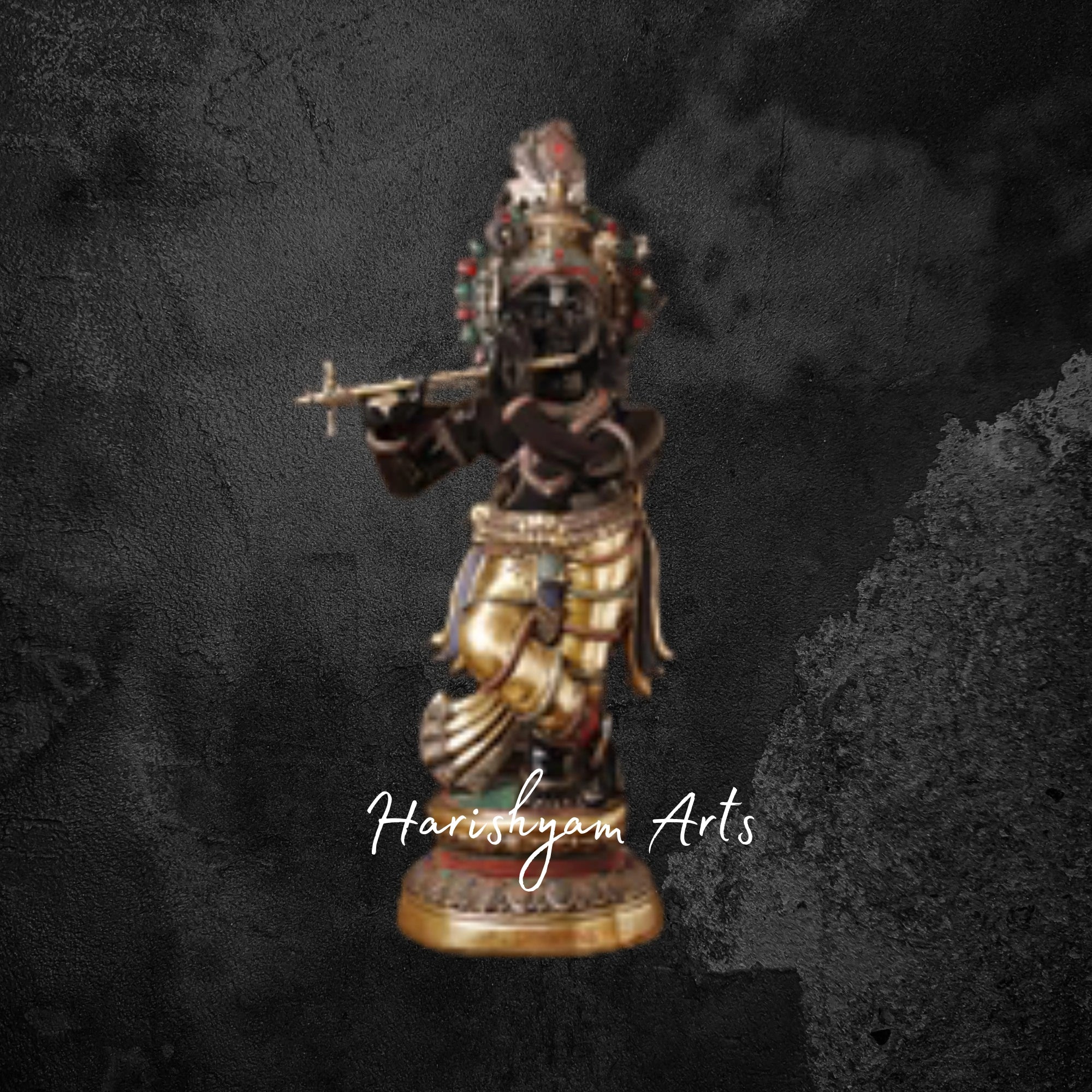 47" Ornate Brass Krishna Murti with Flute in Black and Gold Finish with Stone Inlay