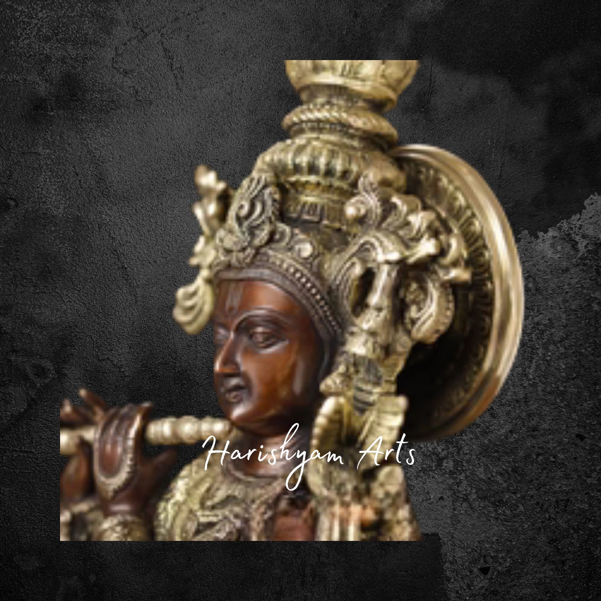 47" Ornate Brass Krishna Murti with Flute in Black and Gold Finish with Stone Inlay