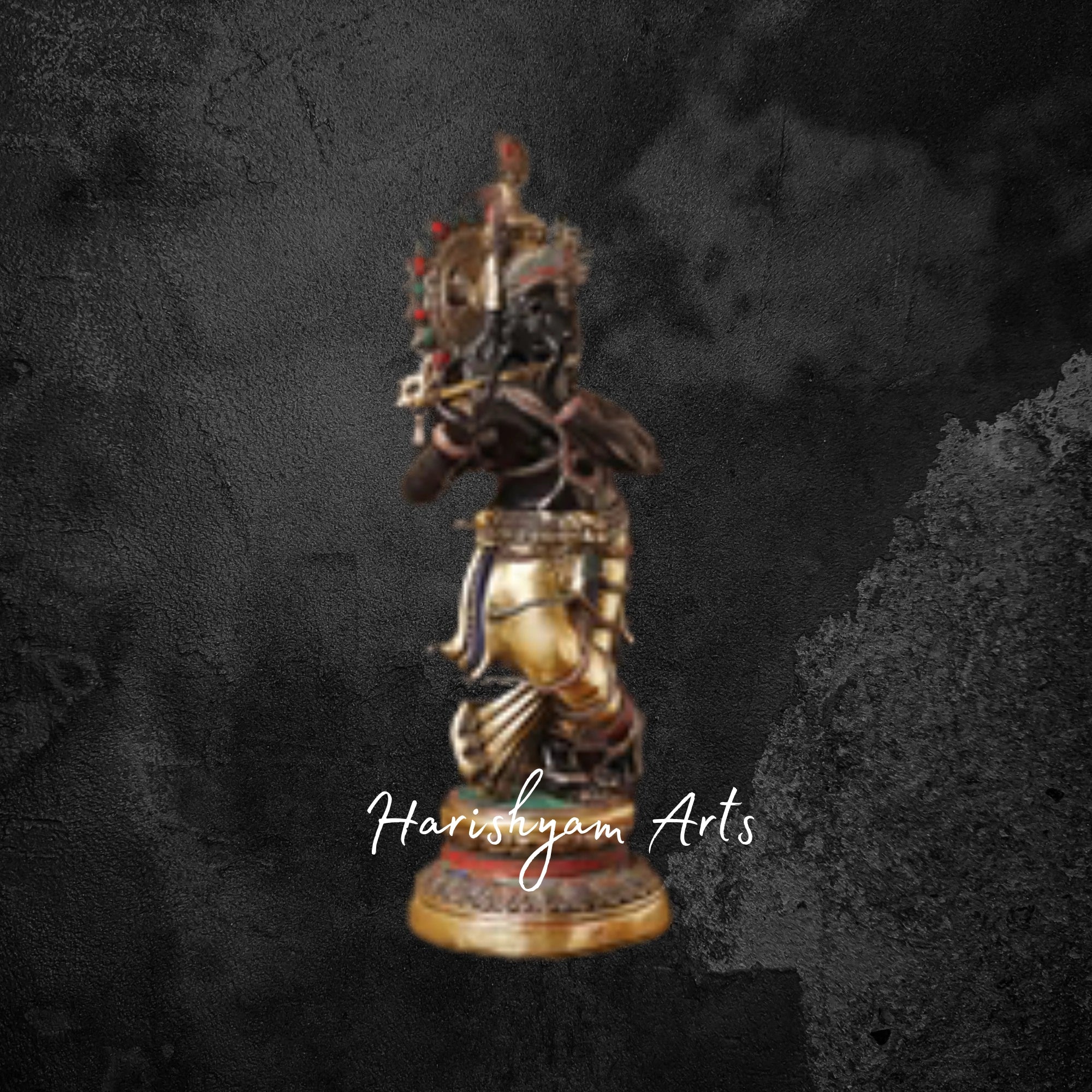 47" Ornate Brass Krishna Murti with Flute in Black and Gold Finish with Stone Inlay