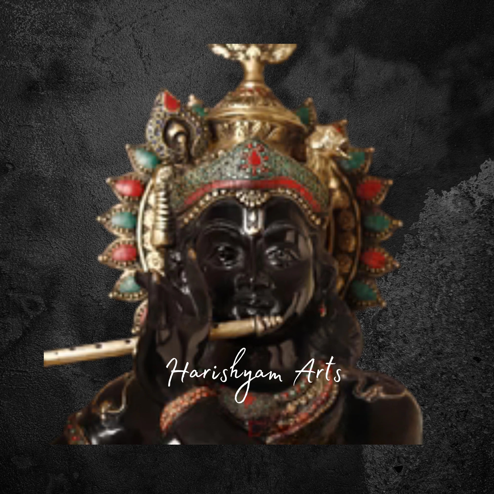 47" Ornate Brass Krishna Murti with Flute in Black and Gold Finish with Stone Inlay