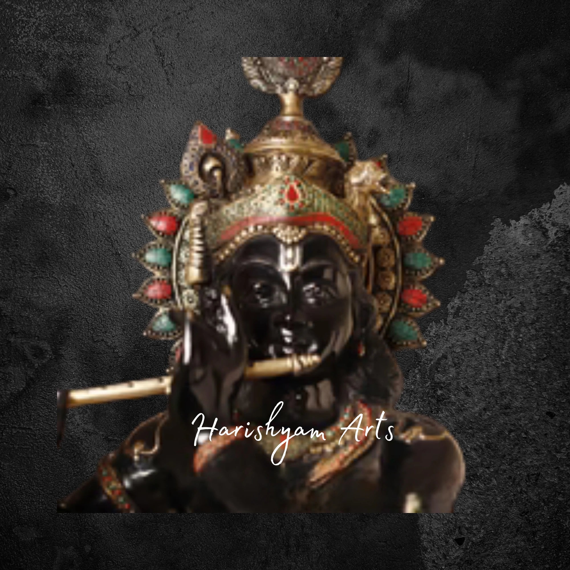 47" Ornate Brass Krishna Murti with Flute in Black and Gold Finish with Stone Inlay