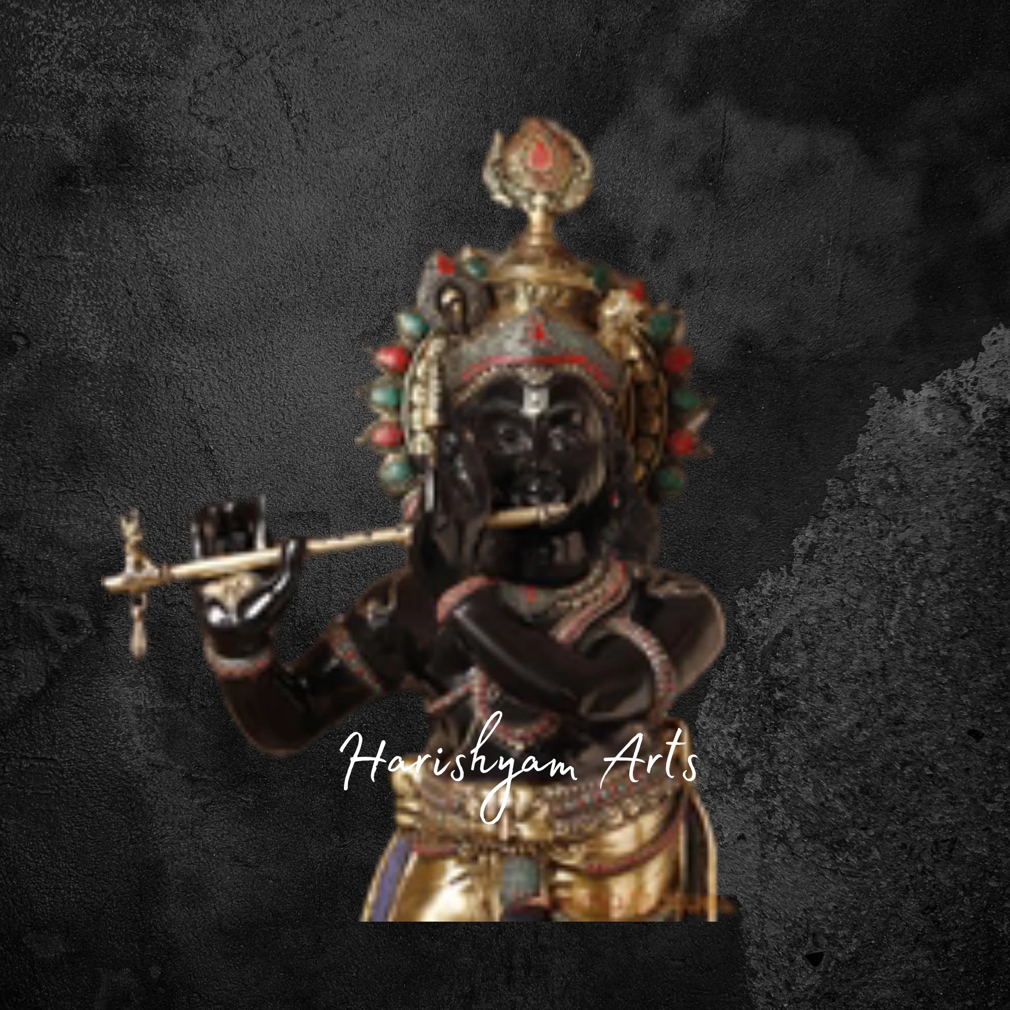 47" Ornate Brass Krishna Murti with Flute in Black and Gold Finish with Stone Inlay