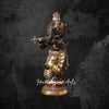 47" Ornate Brass Krishna Murti with Flute in Black and Gold Finish with Stone Inlay