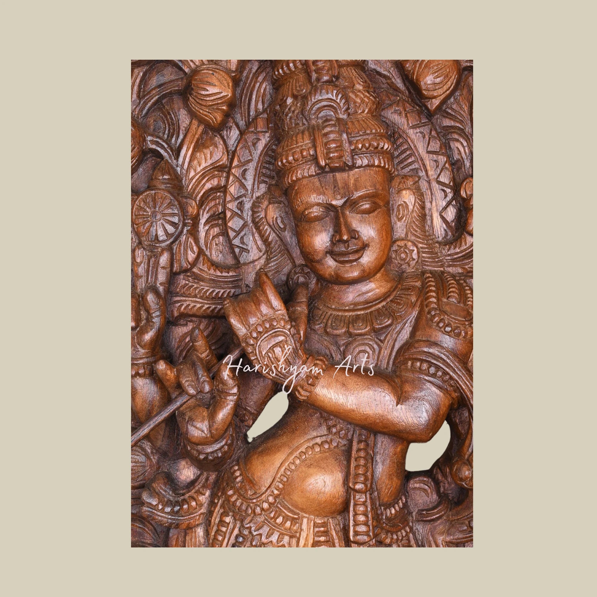 47" Stunning Jali Work of Lord Krishna Playing Flute on Lotus Flower Decorative Wooden Wall Mount2