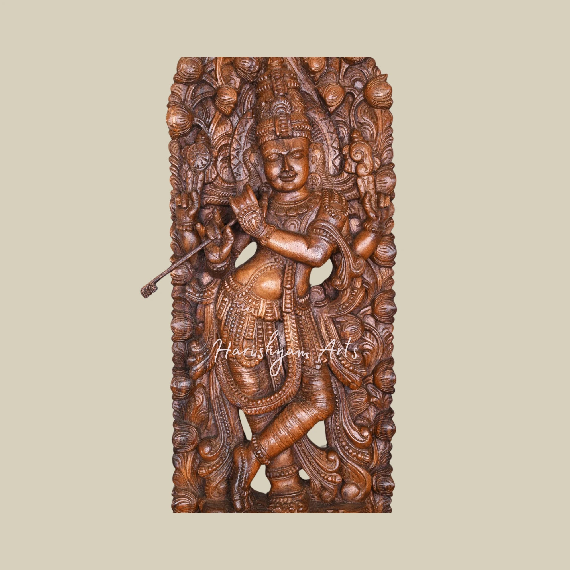 47" Stunning Jali Work of Lord Krishna Playing Flute on Lotus Flower Decorative Wooden Wall Mount3