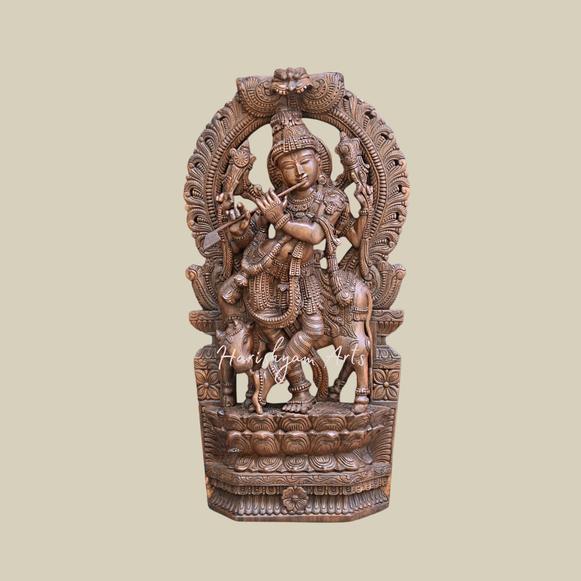 48.5 Krishna Playing Flute with Cow Handcrafted Sculpture with Intricate Krishna Statue Carvings