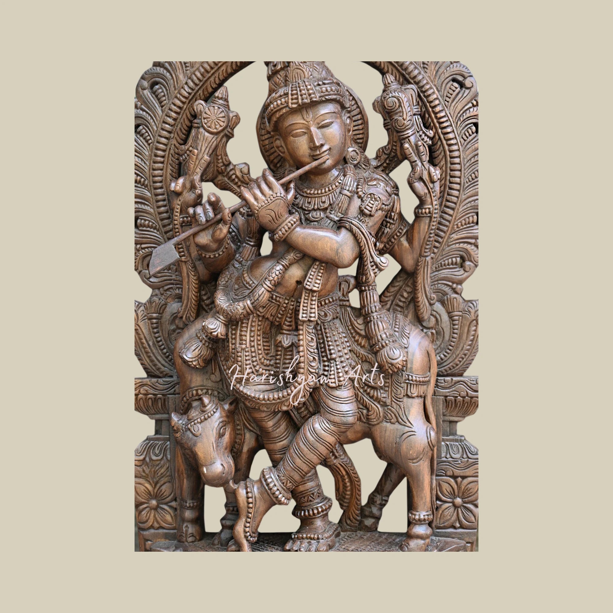 48.5 Krishna Playing Flute with Cow Handcrafted Sculpture with Intricate Krishna Statue Carvings1