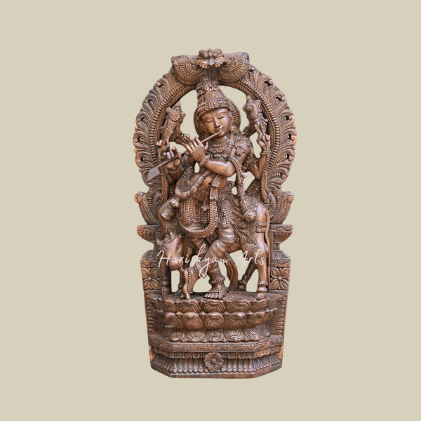 48.5 Krishna Playing Flute with Cow Handcrafted Sculpture with Intricate Krishna Statue Carvings