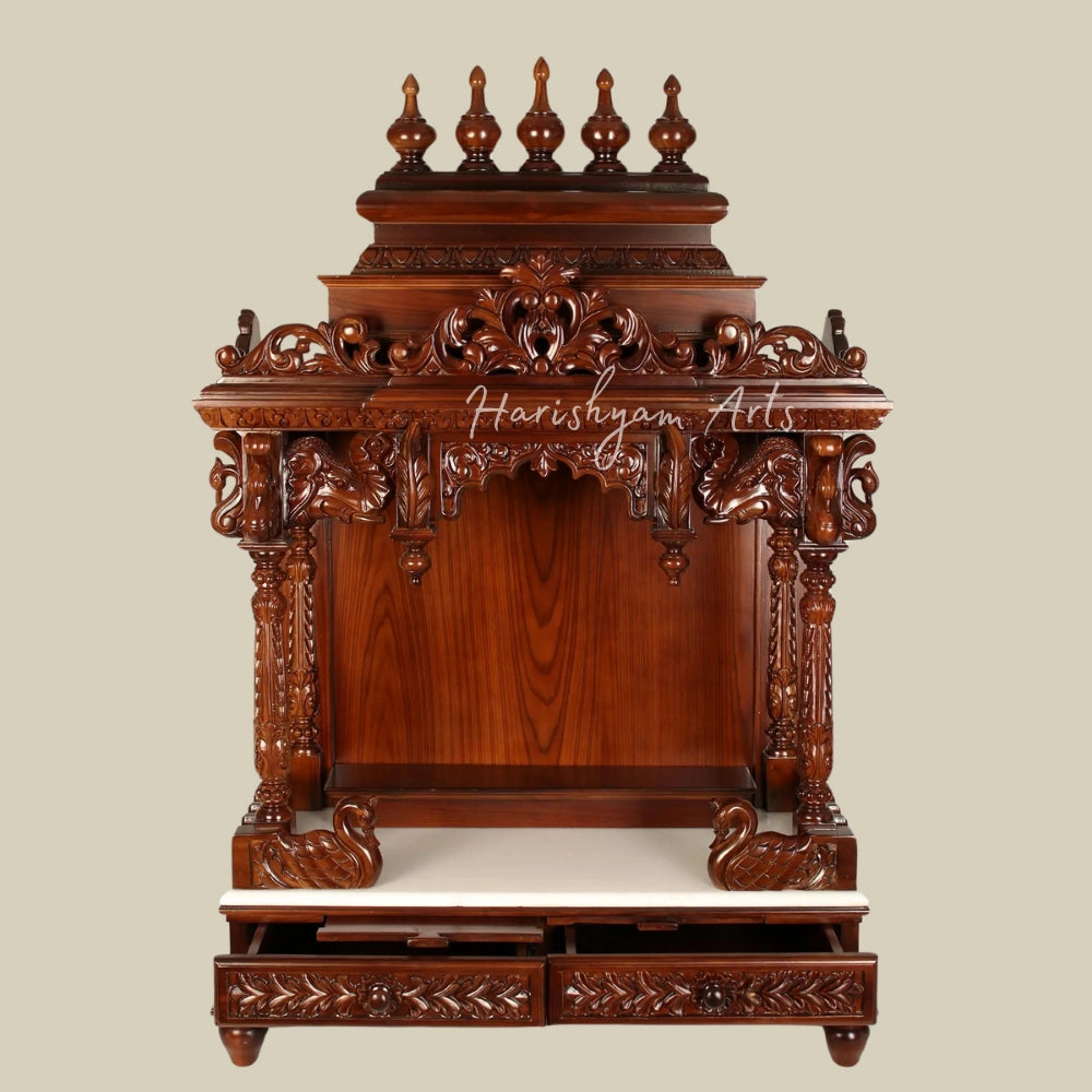 48" Teak Wood Carved Designer Puja Temple with Swans & Double Drawers