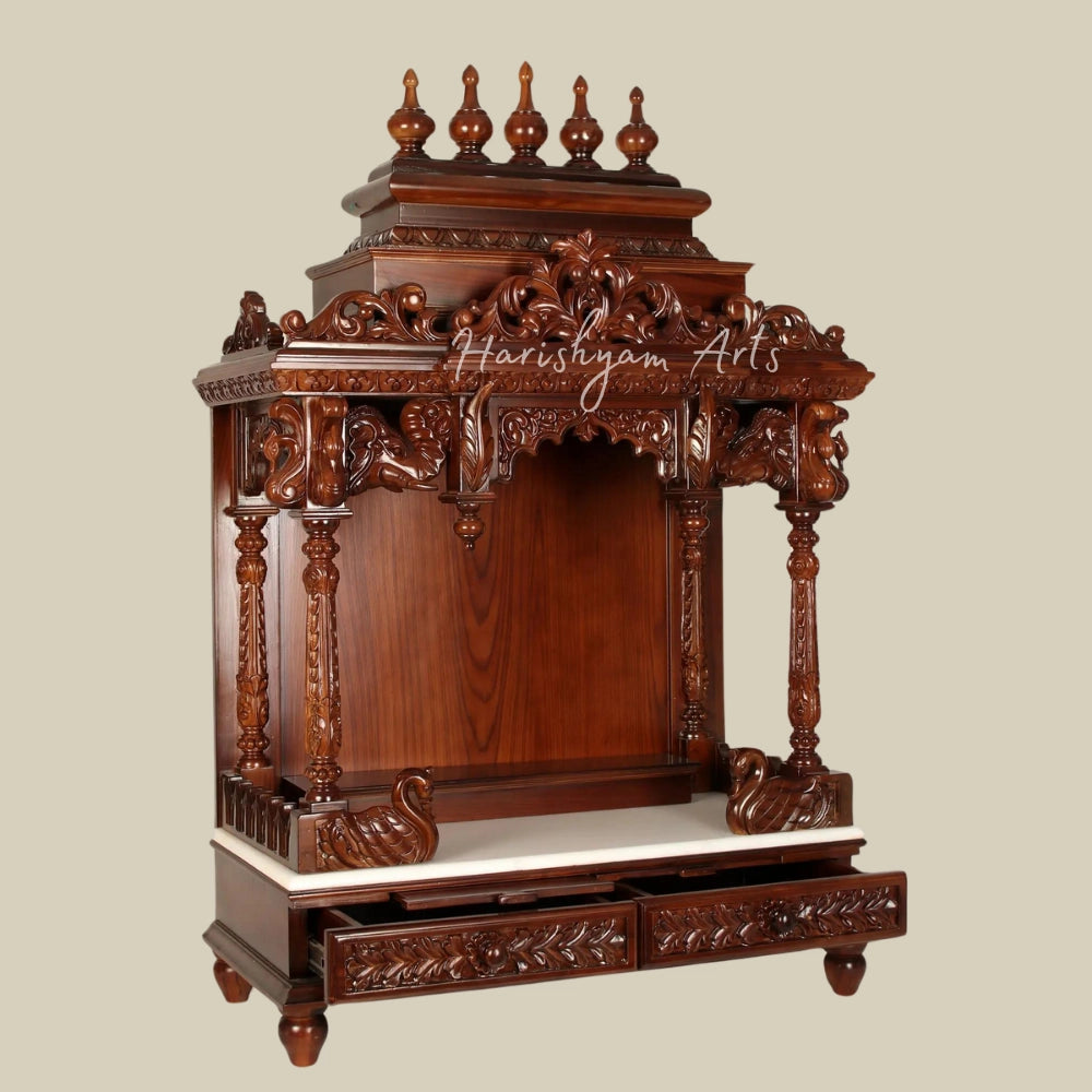 48" Teak Wood Carved Designer Puja Temple with Swans & Double Drawers