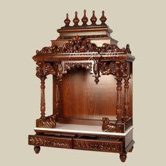 48" Teak Wood Carved Designer Puja Temple with Swans & Double Drawers