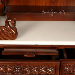 48" Teak Wood Carved Designer Puja Temple with Swans & Double Drawers
