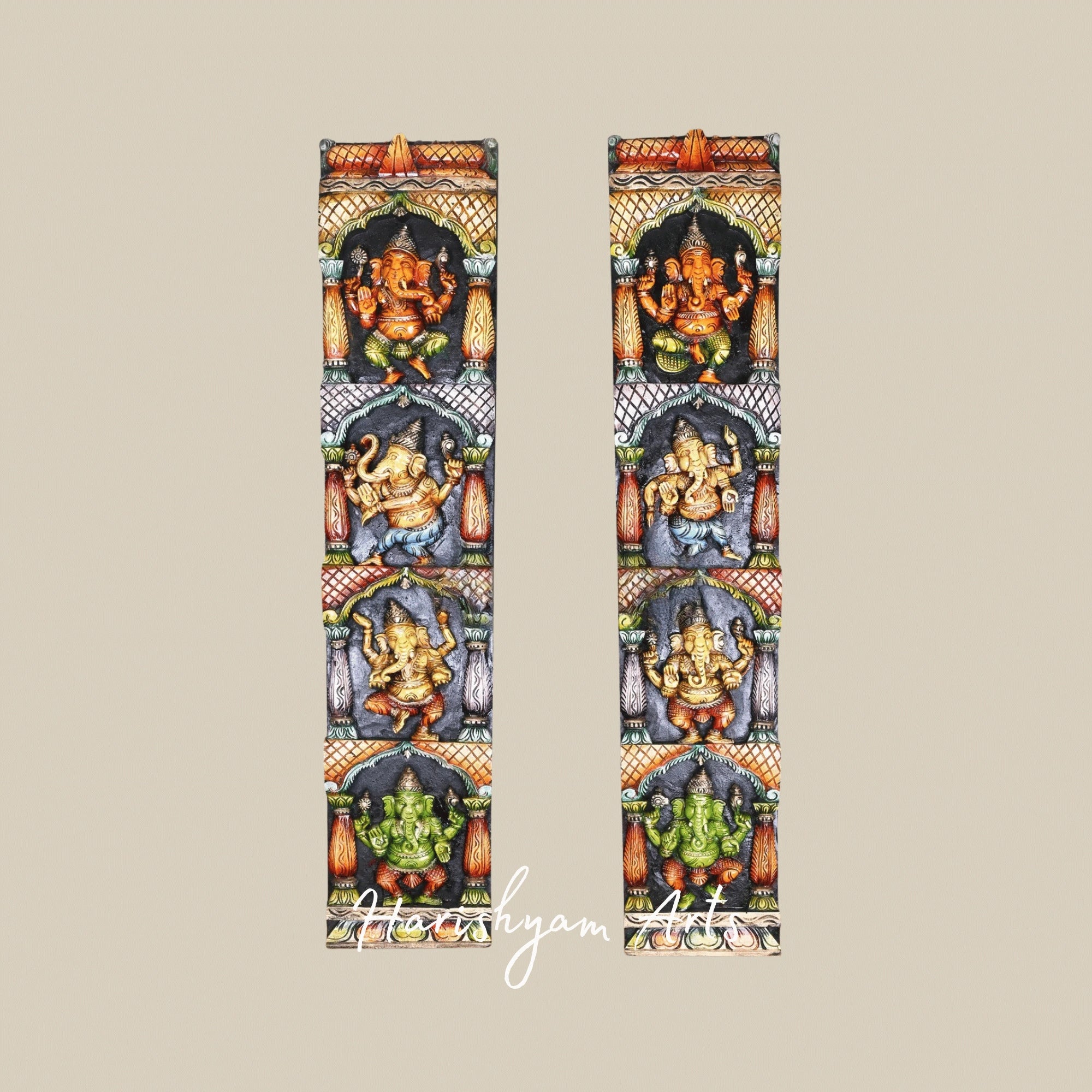 48" Asta Ganesha Standing Wooden Panel – Eight Forms of Lord Ganesha | Artistic Religious Wall Décor