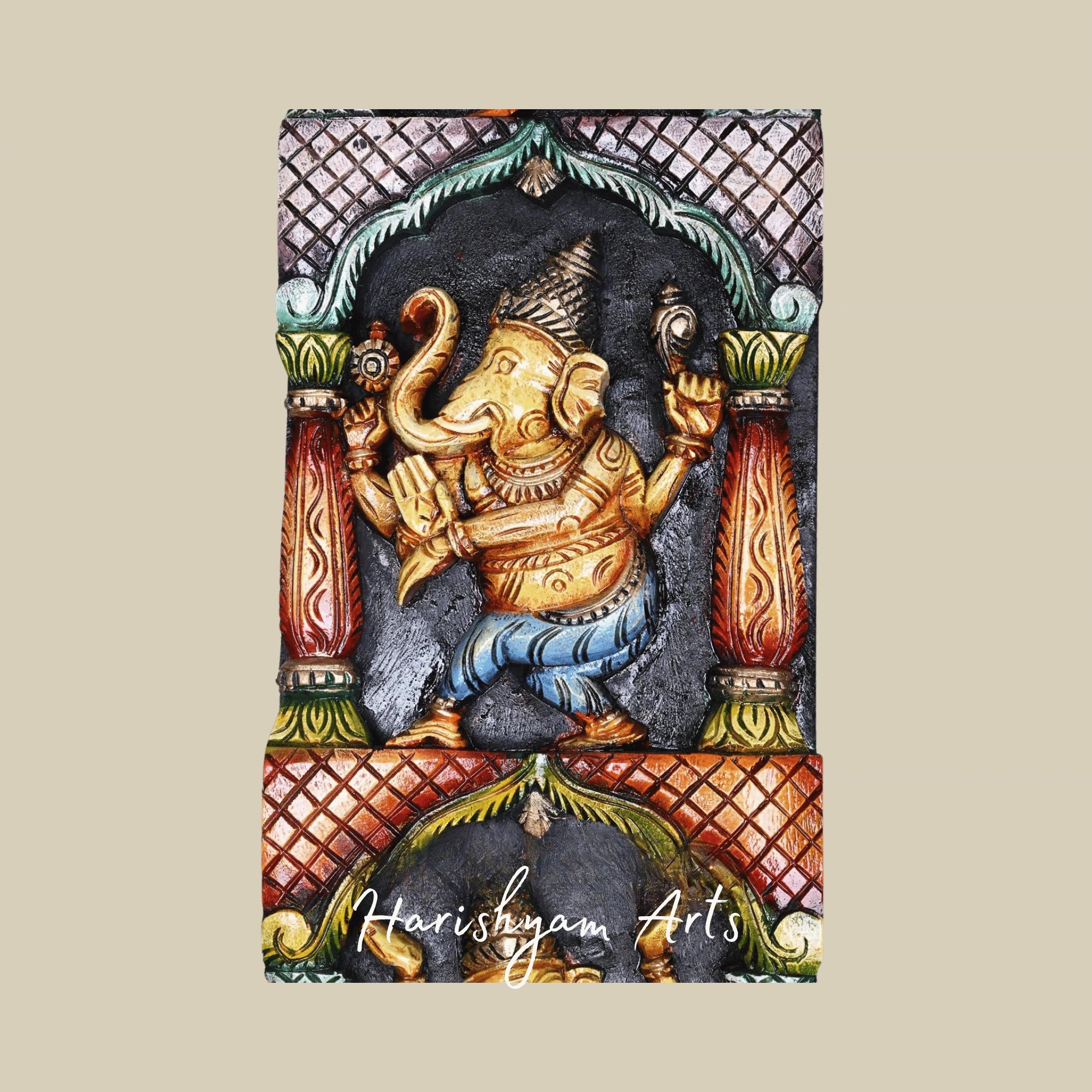 48" Asta Ganesha Standing Wooden Panel – Eight Forms of Lord Ganesha | Artistic Religious Wall Décor