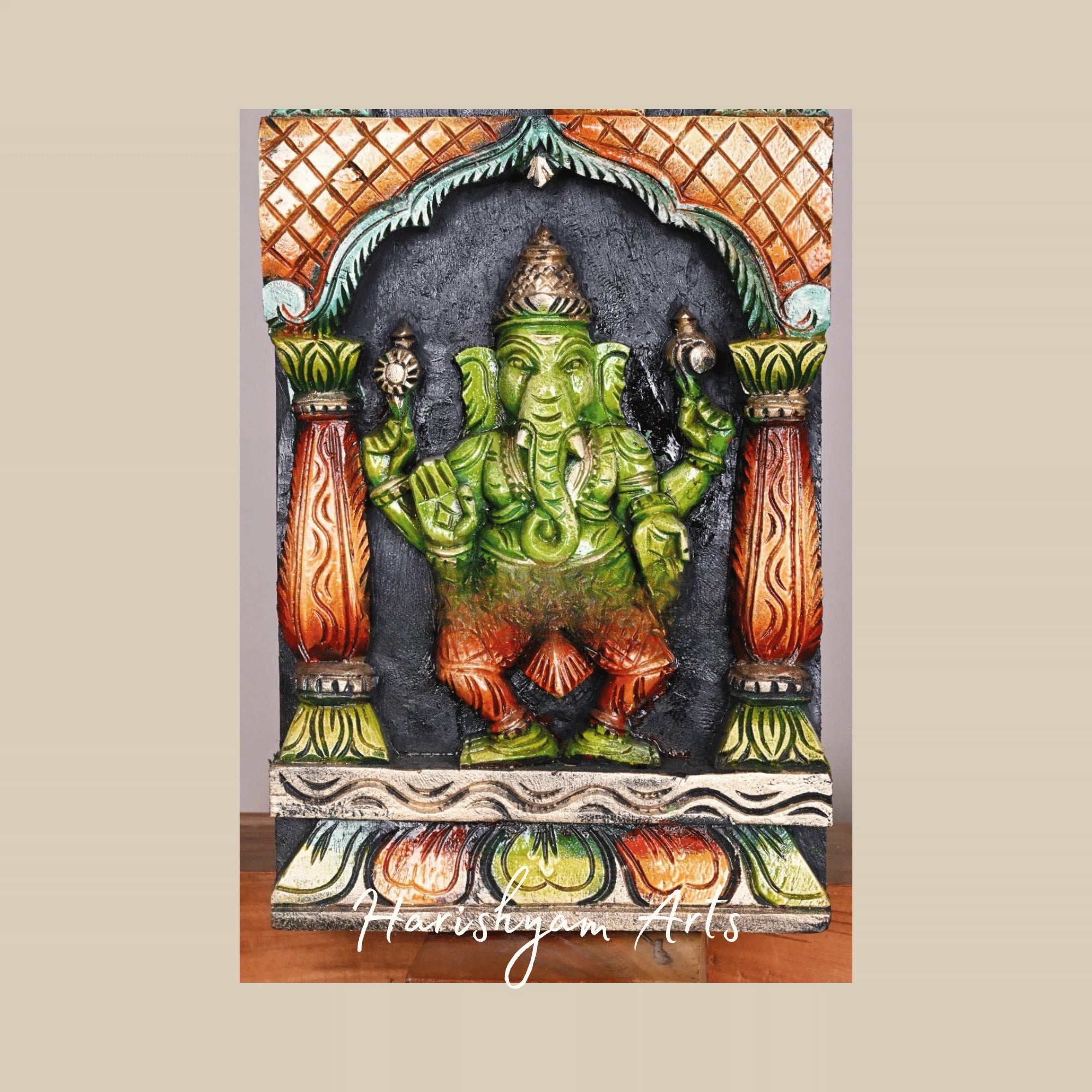 48" Asta Ganesha Standing Wooden Panel – Eight Forms of Lord Ganesha | Artistic Religious Wall Décor