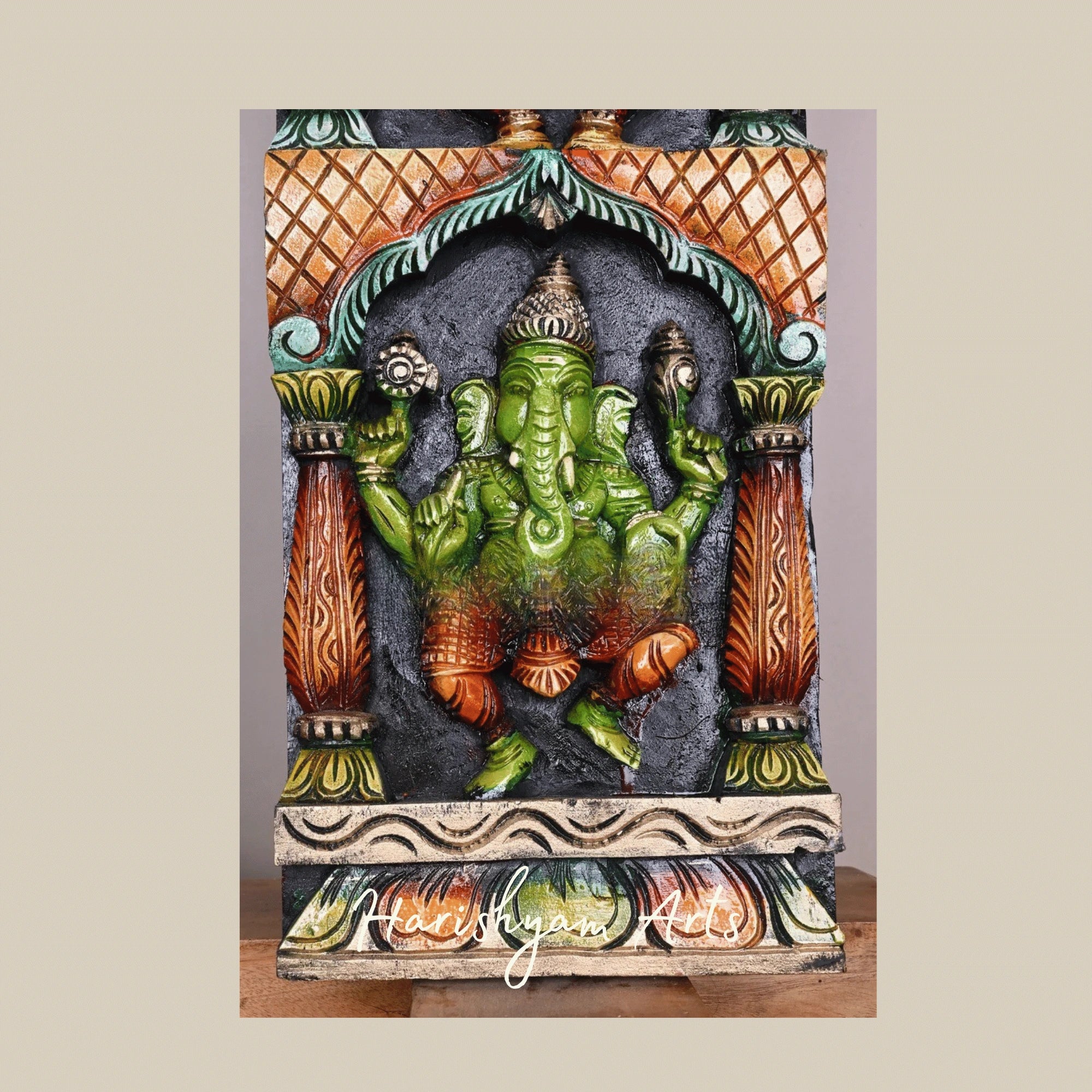 48" Asta Ganesha Standing Wooden Panel – Eight Forms of Lord Ganesha | Artistic Religious Wall Décor