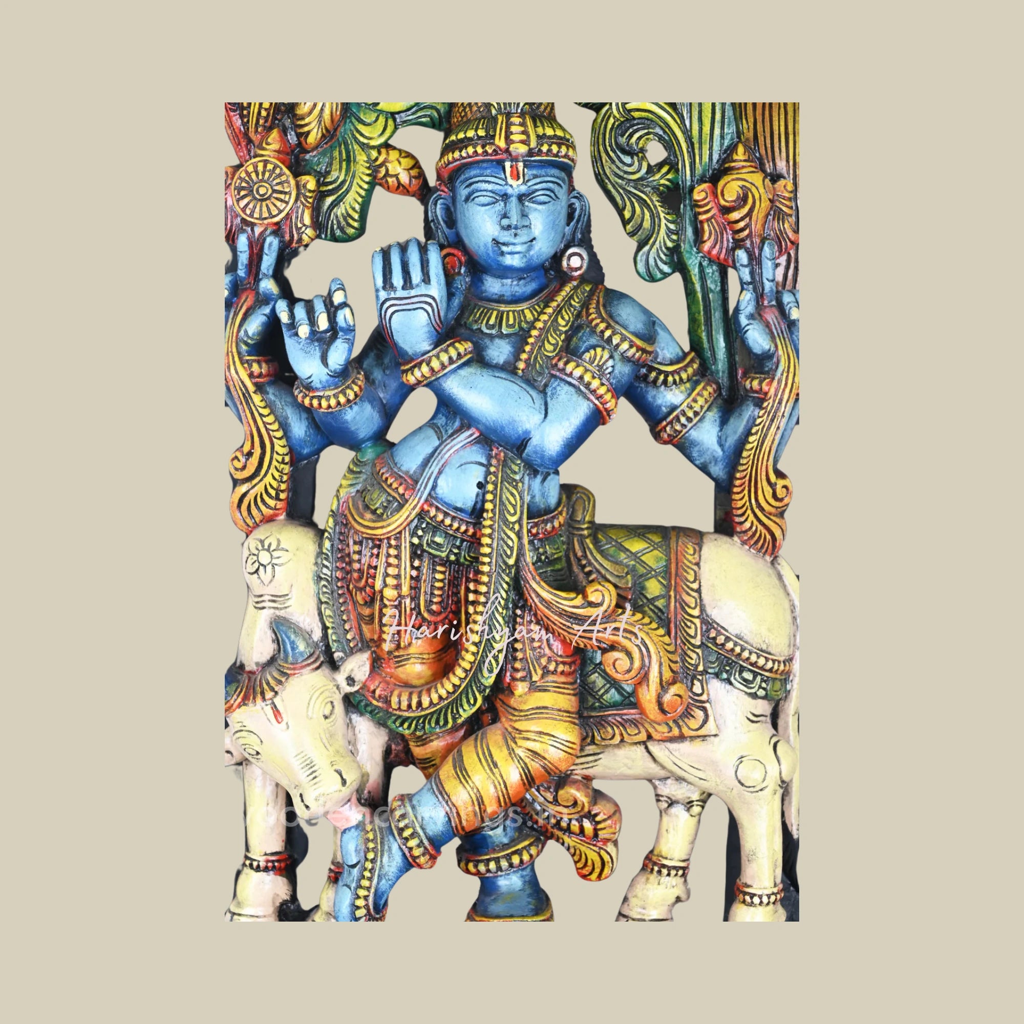 48" Colourful Lord Krishna Standing With Cow Wooden Sculpture2