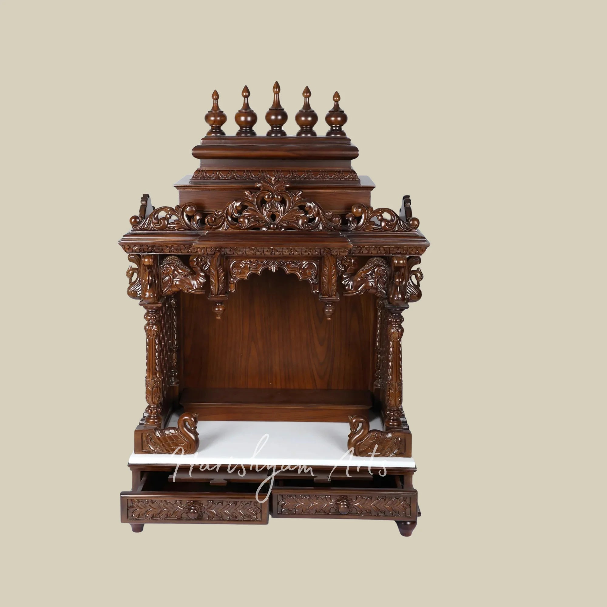 48" Designer Teak Wooden Home Temple with Carved Swan Motifs Ornate Crown and Double Storage Drawers
