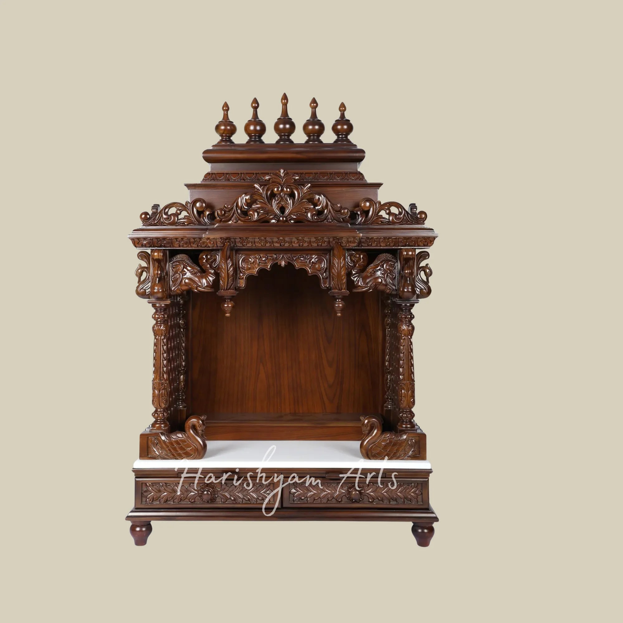 48" Designer Teak Wooden Home Temple with Carved Swan Motifs Ornate Crown and Double Storage Drawers
