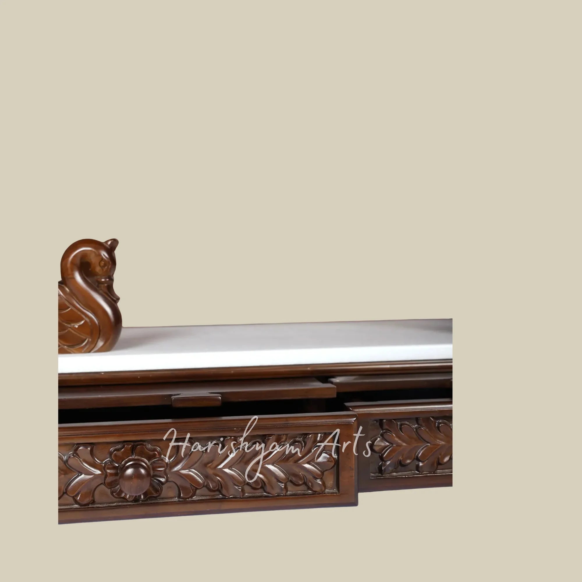 48" Designer Teak Wooden Home Temple with Carved Swan Motifs Ornate Crown and Double Storage Drawers