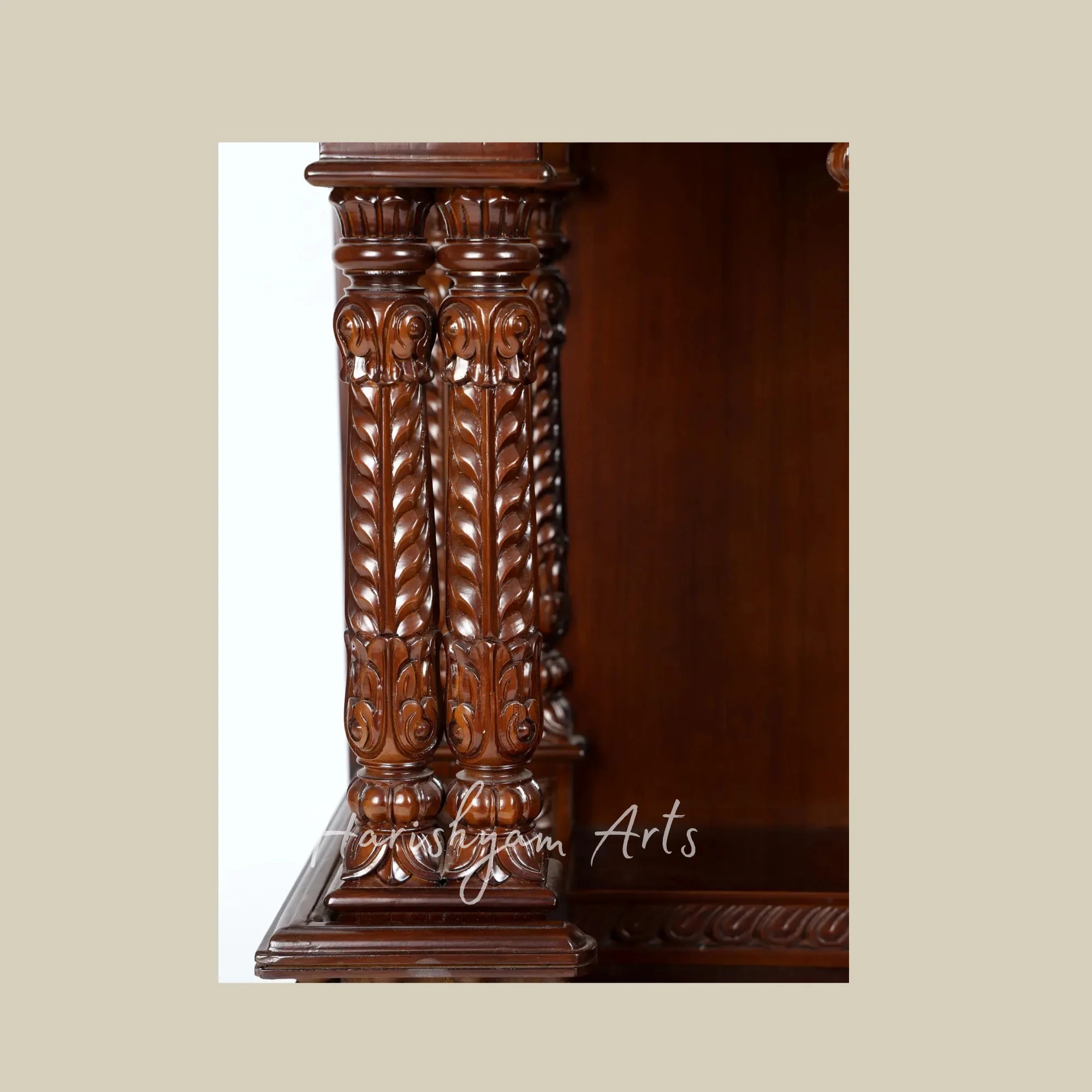 48" Designer Teak Wooden Home Temple with Carved Swan Motifs Ornate Crown and Double Storage Drawers