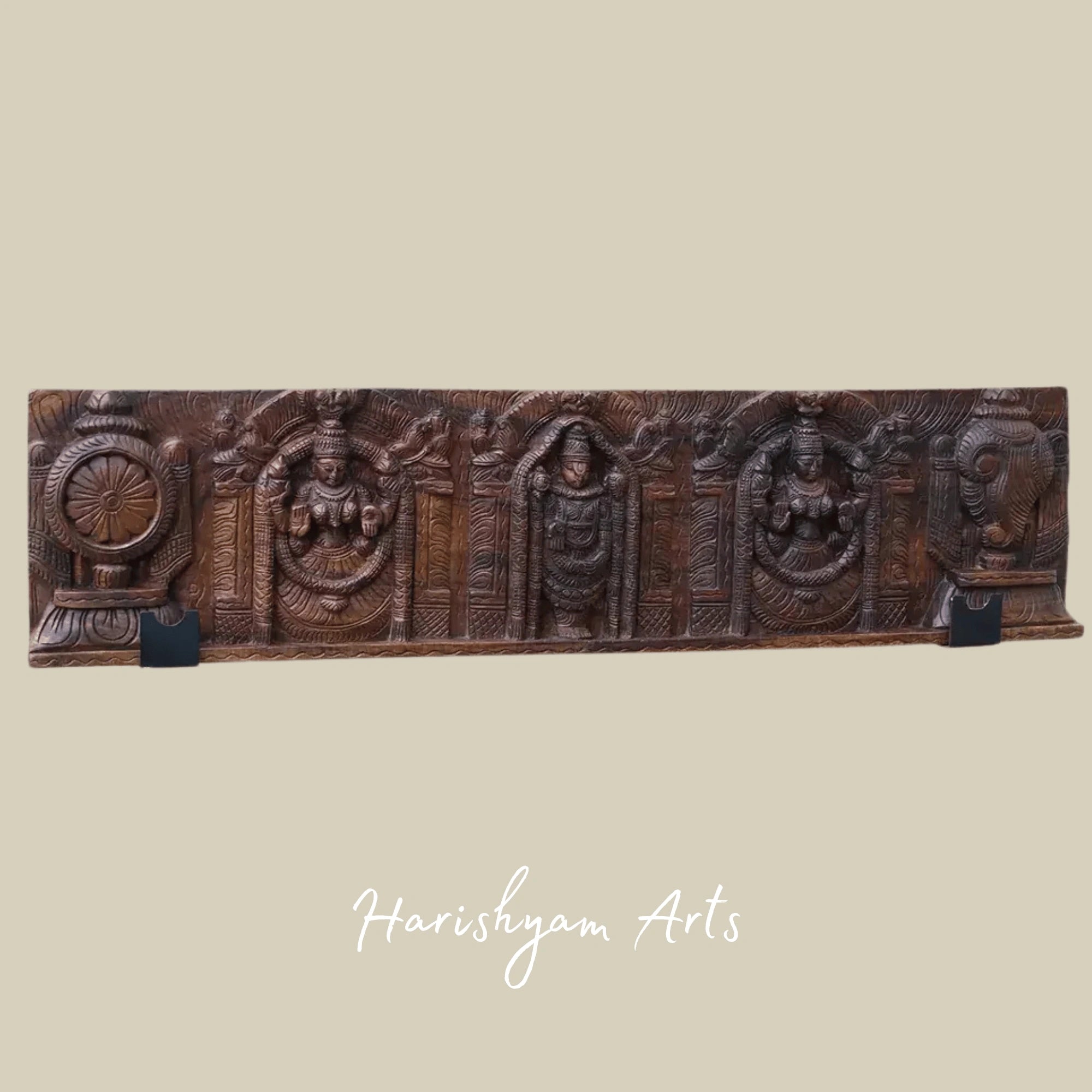 48" Divine Venkateswara with Padmavathi & Lakshmi Handcrafted Wooden Art Panel