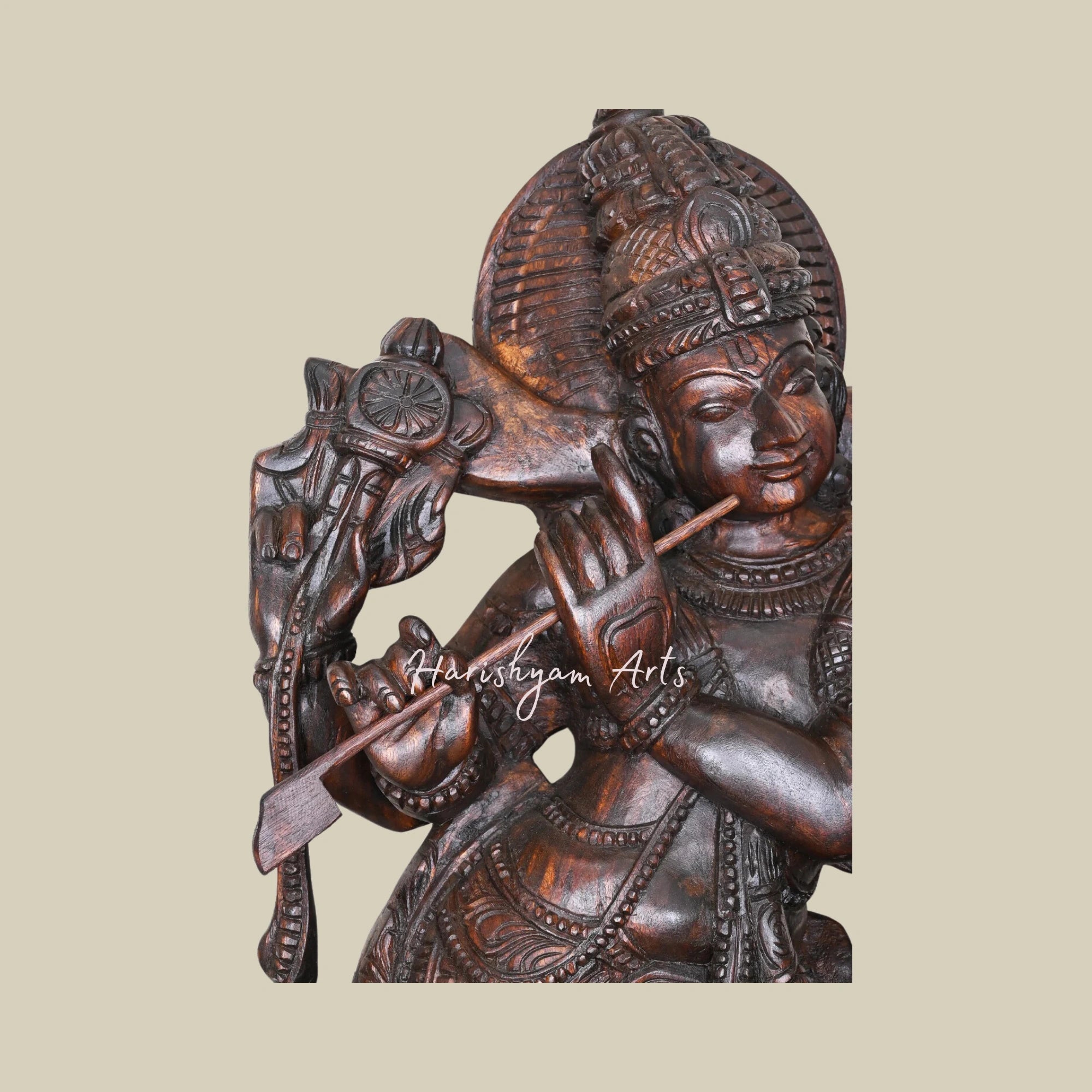 48" Exquisite Wooden Krishna Statue Carving with His Favorite Cow and Playing Flute4