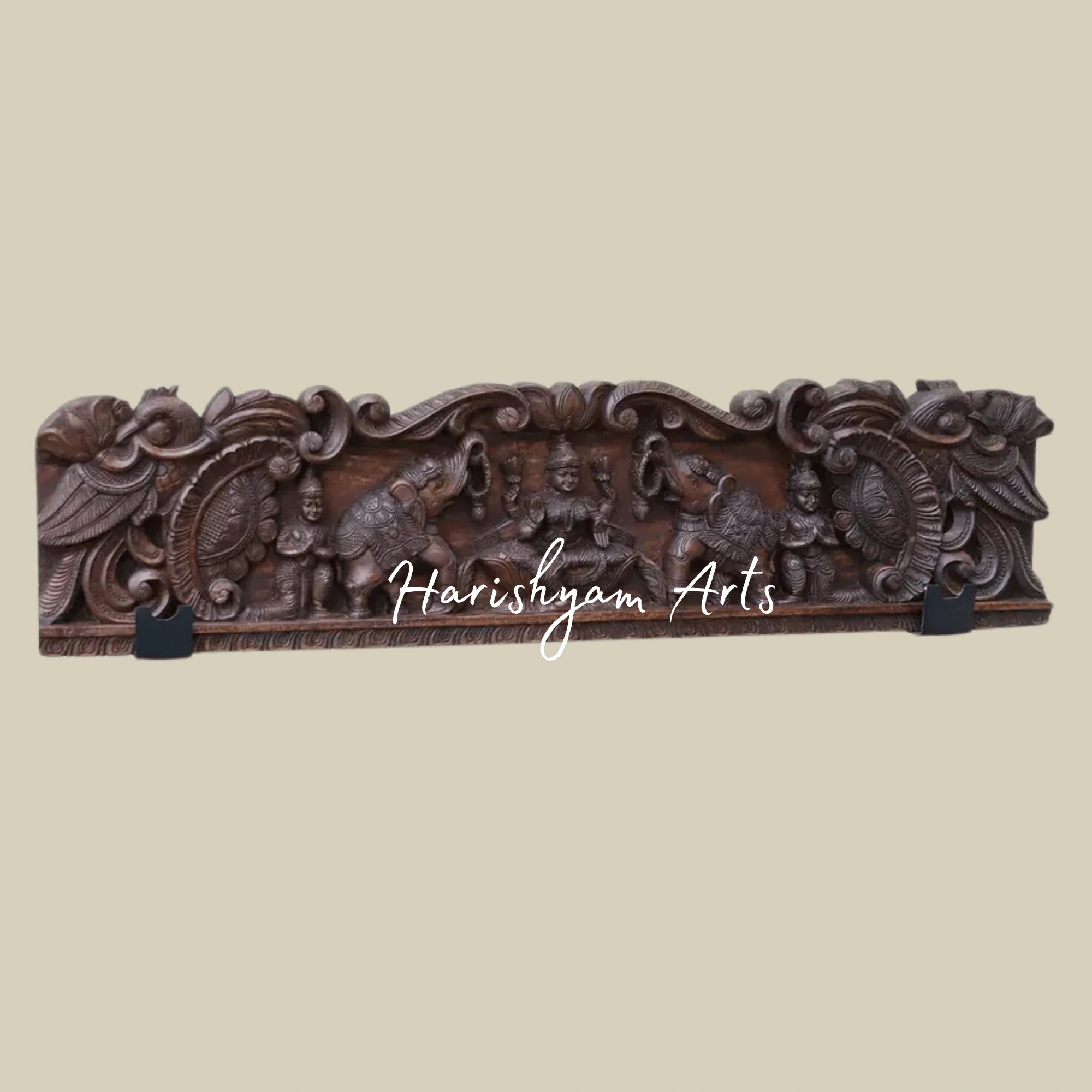 48" Graceful Gajalakshmi with Attendants Floral Carved Wooden Wall Plaque